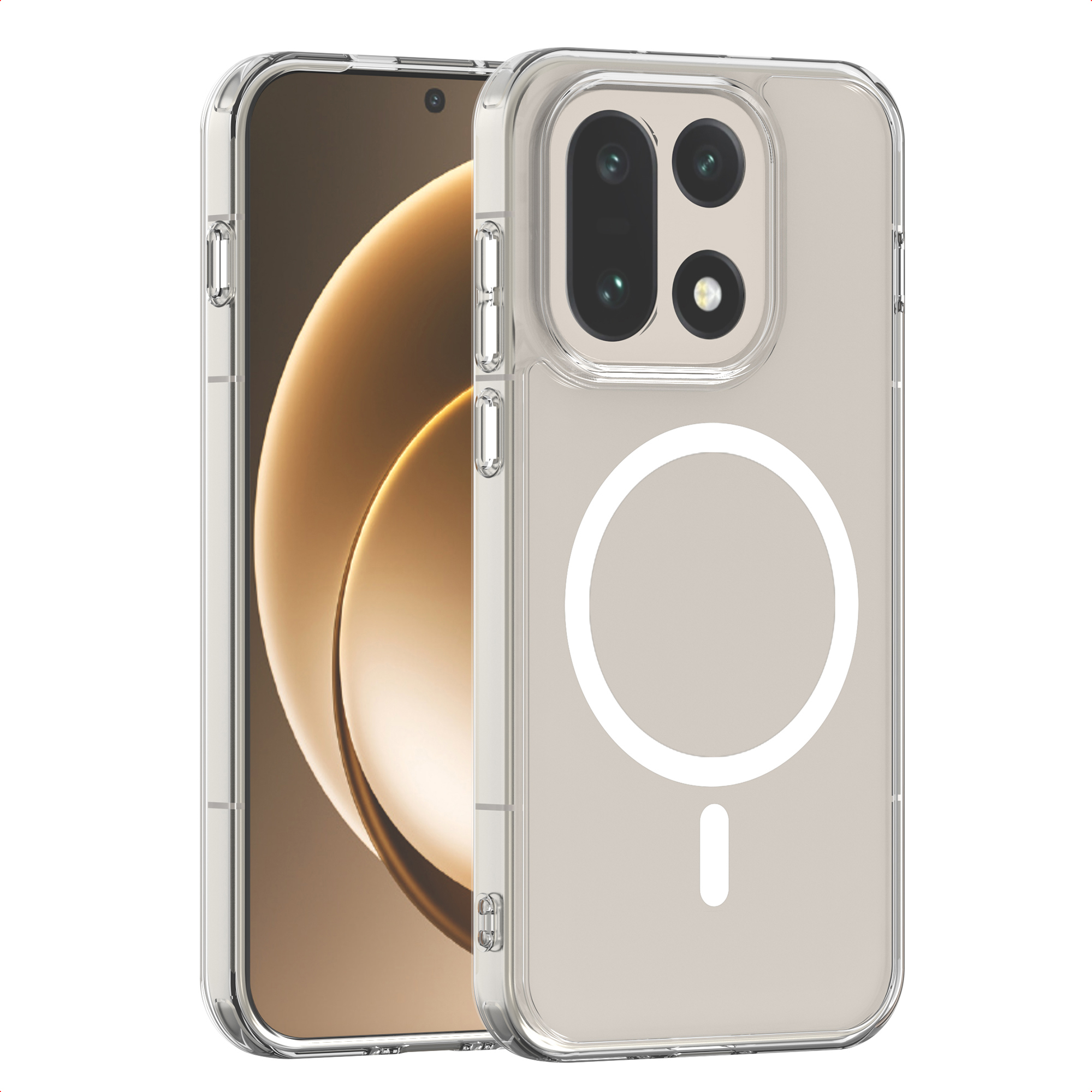 Une coque de téléphone transparente avec un téléphone à l'intérieur. La coque a un cercle blanc et une ligne au dos.