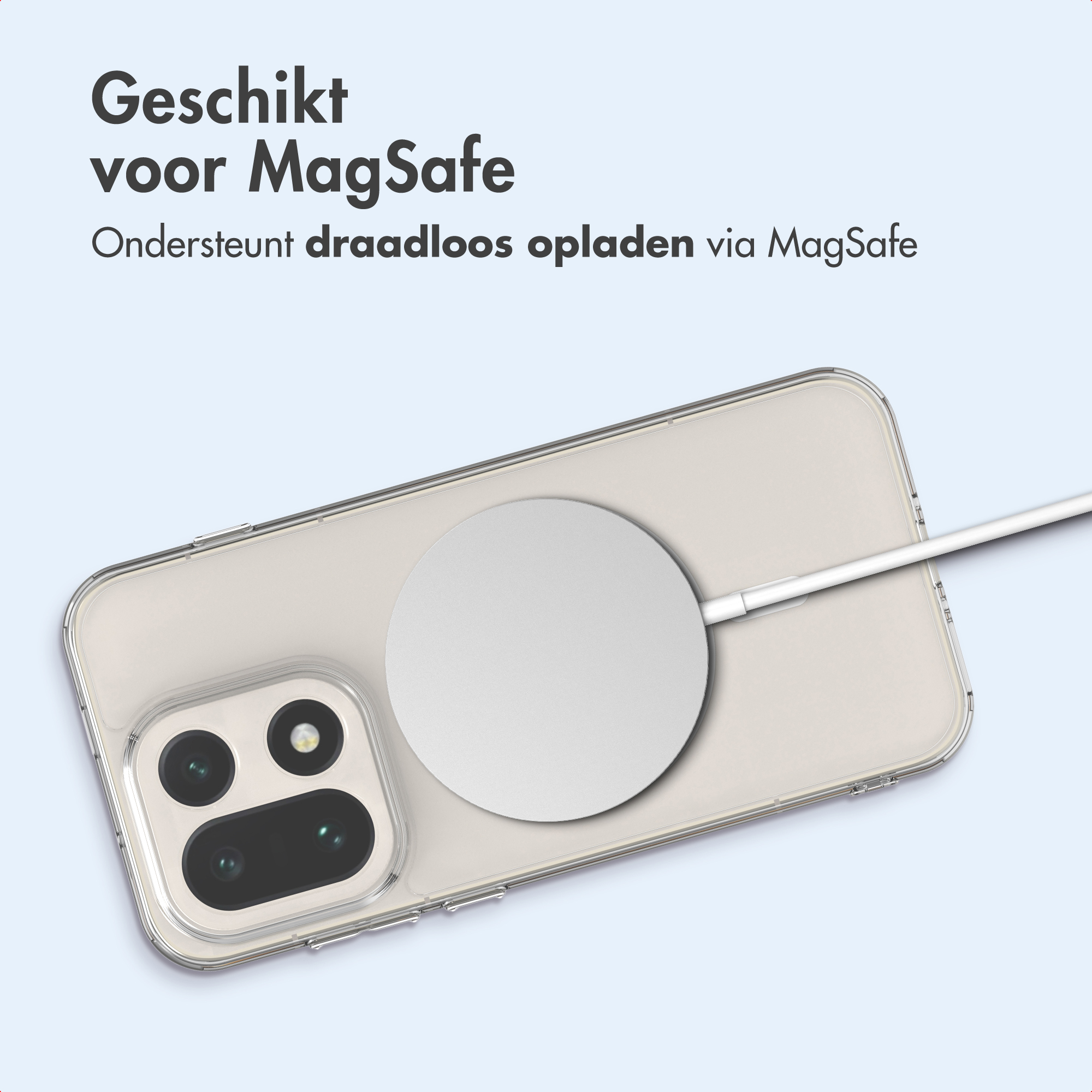 Un téléphone dans un étui transparent avec un chargeur MagSafe. Texte : 'Convient pour MagSafe'.