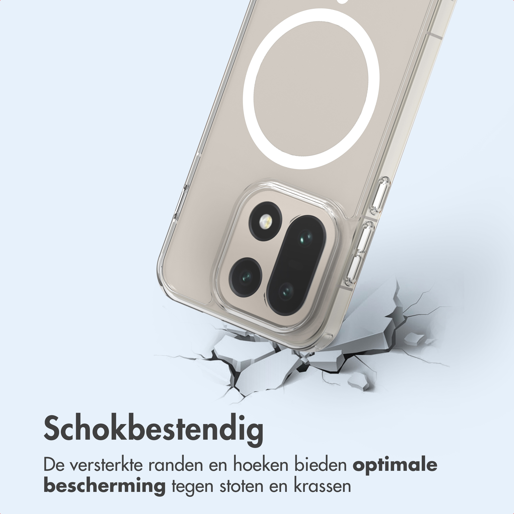 Une coque de téléphone transparente avec un cercle blanc, en angle sur une surface. Texte : 'Antichoc'.