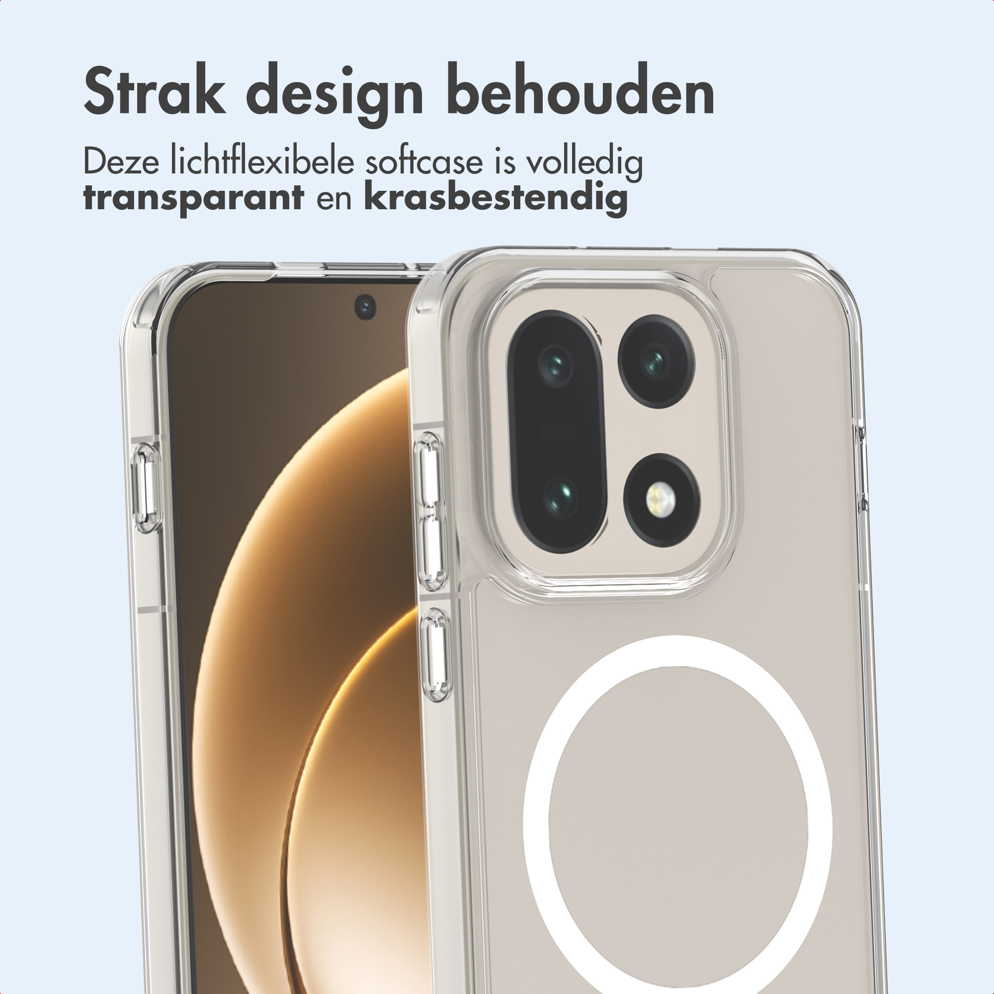 Coque de téléphone transparente sur un téléphone. La coque est transparente, montrant l'arrière du téléphone.