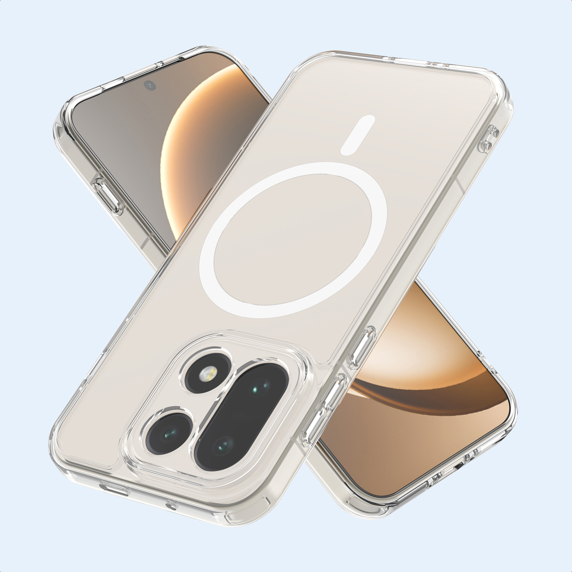 Coque de téléphone transparente. Une coque est au-dessus, une autre derrière. Les deux montrent l'arrière et la caméra.