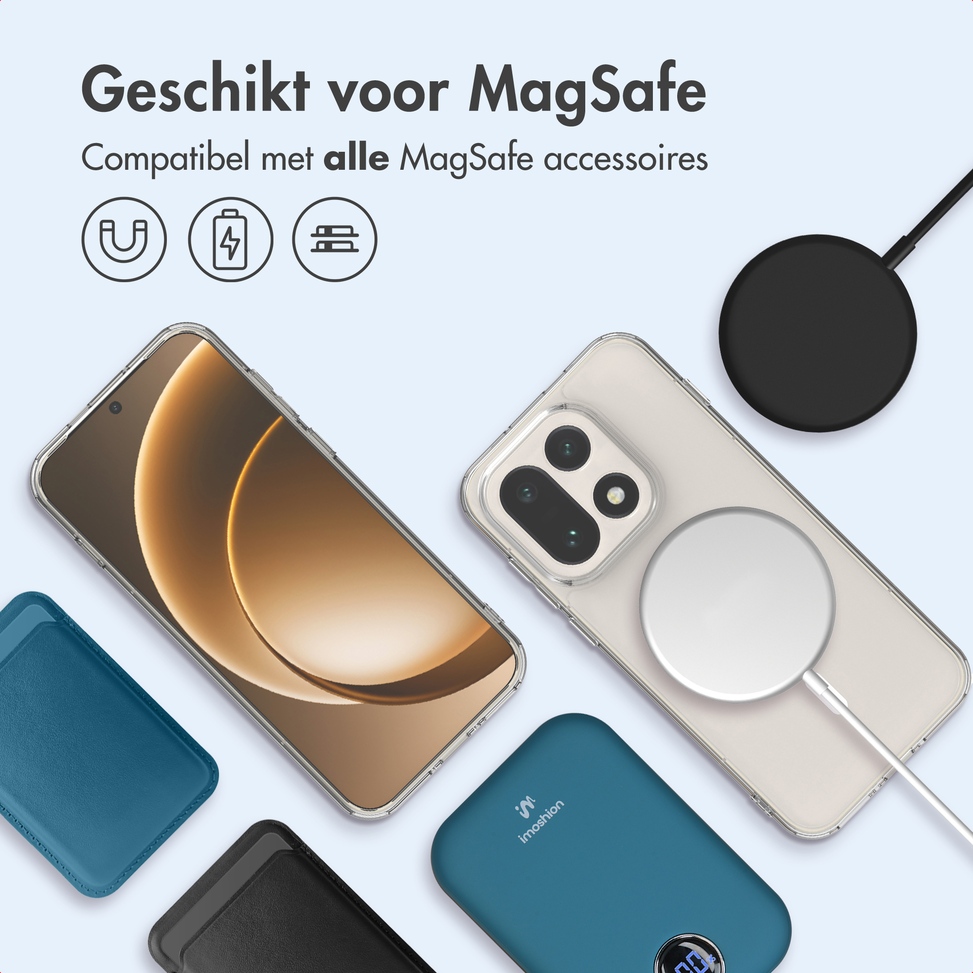 L'image montre des téléphones, un chargeur et des accessoires. Le texte dit 'Convient pour MagSafe'.