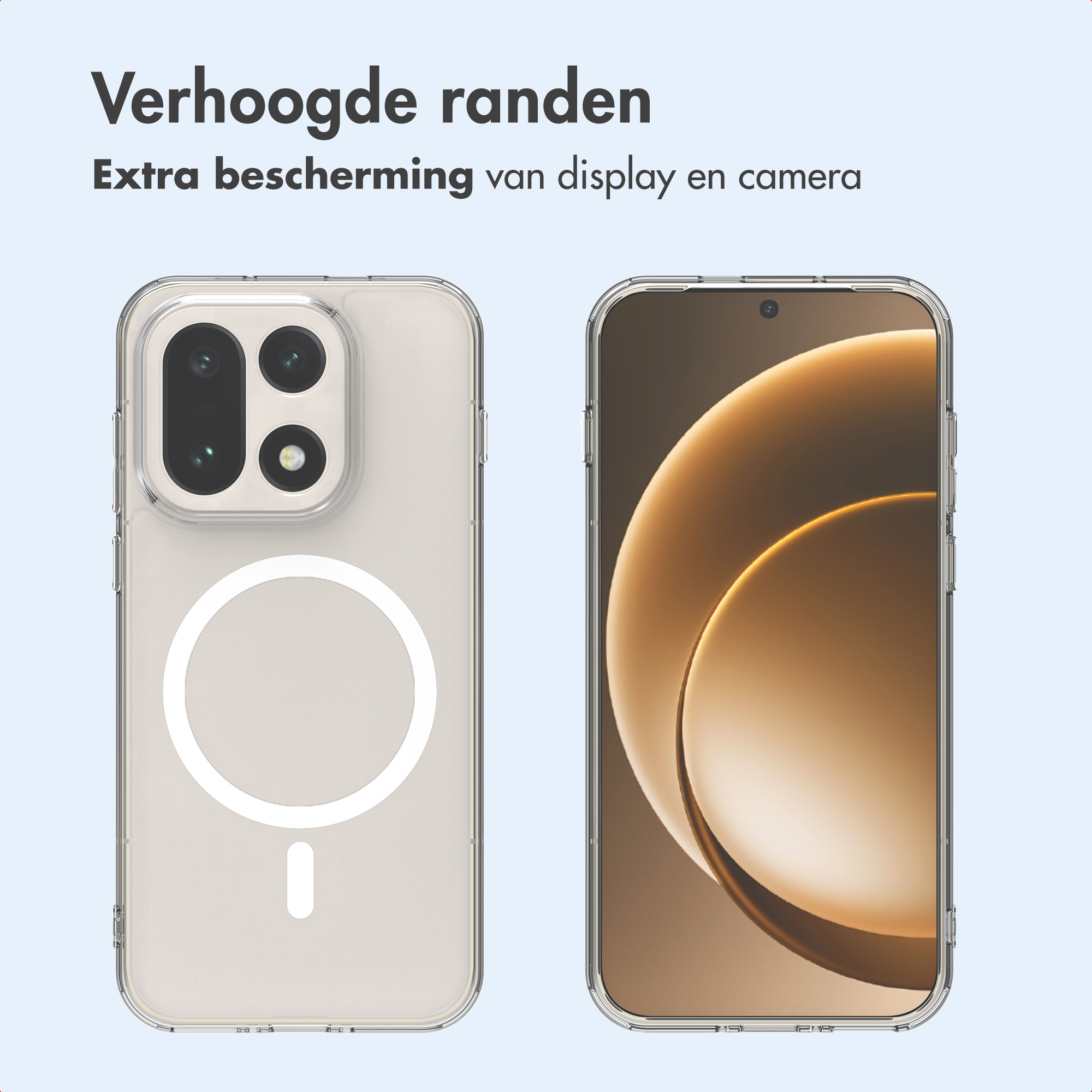 L'image montre deux téléphones dans des étuis transparents. Texte: Protection écran et caméra.