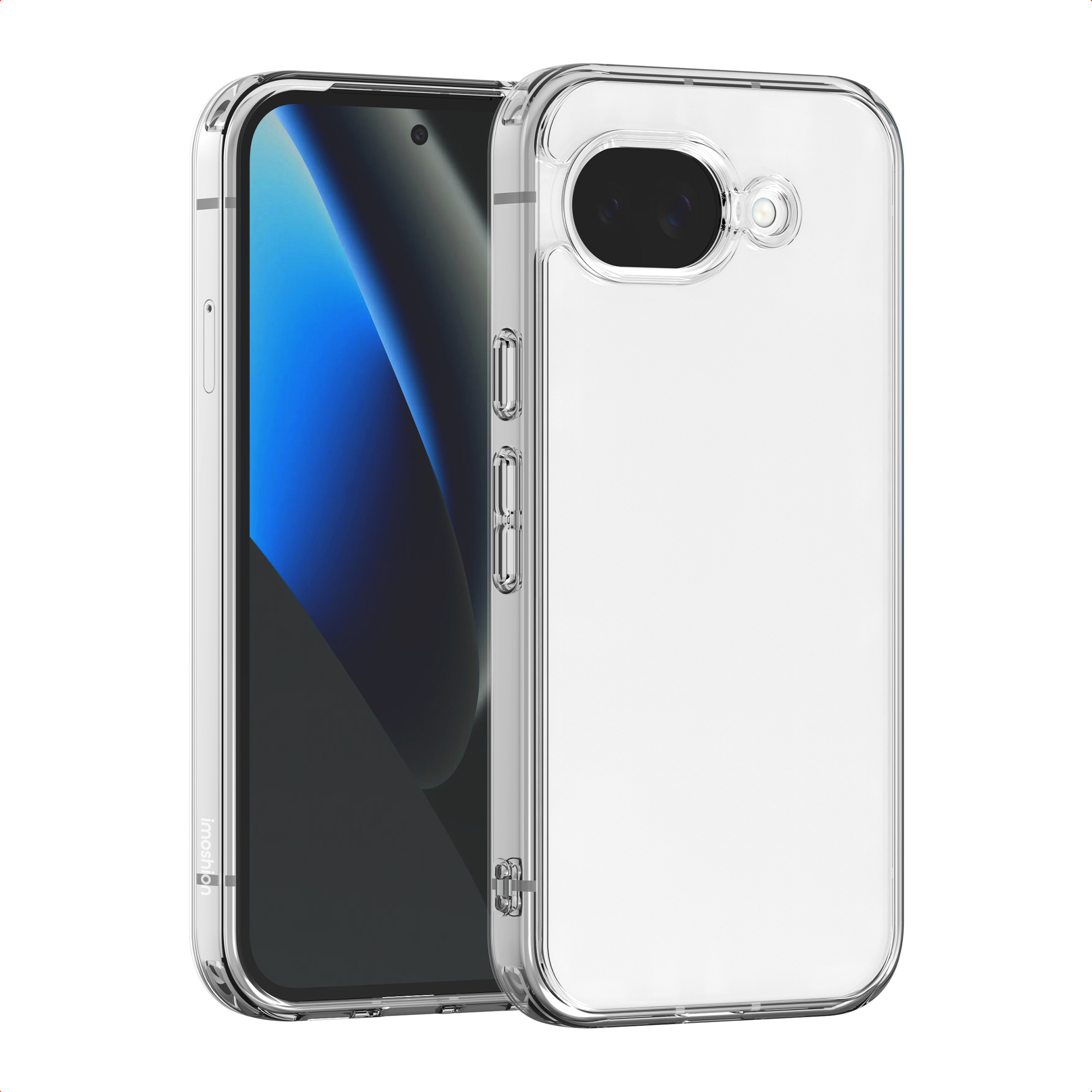 Una custodia trasparente per telefono accanto a un telefono. Il telefono ha uno schermo blu e nero. La custodia ha fori per la fotocamera.