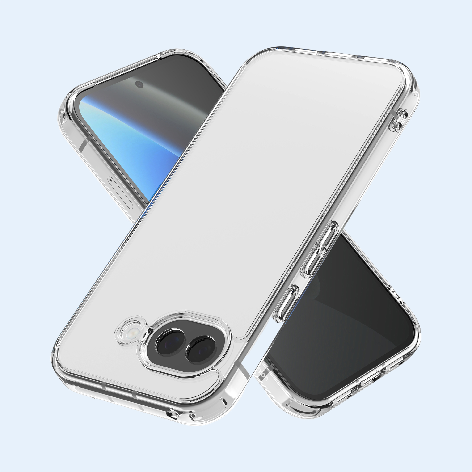 Custodie trasparenti per telefono sovrapposte, che mostrano i dettagli dello schermo e della fotocamera. Lo sfondo è azzurro.