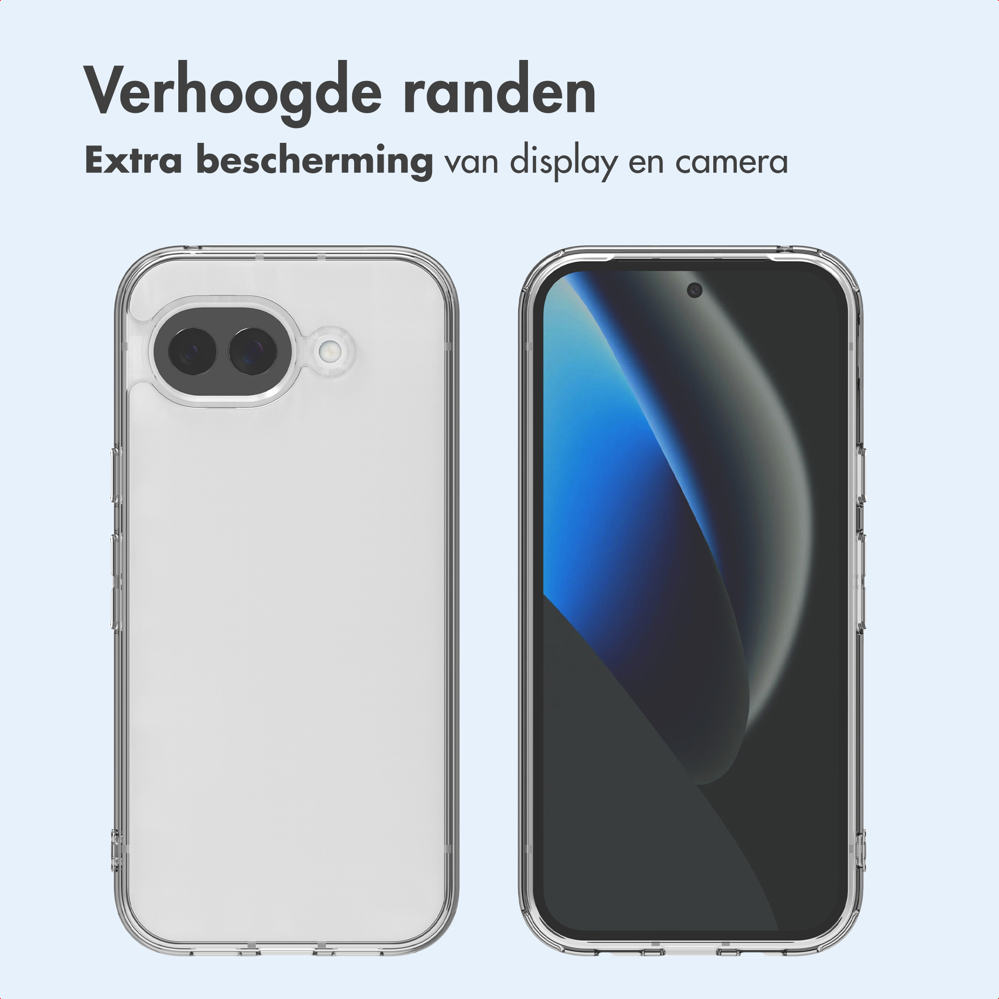 Vengono mostrati due telefoni con custodie, uno con lenti della fotocamera visibili, l'altro con schermo blu e nero.