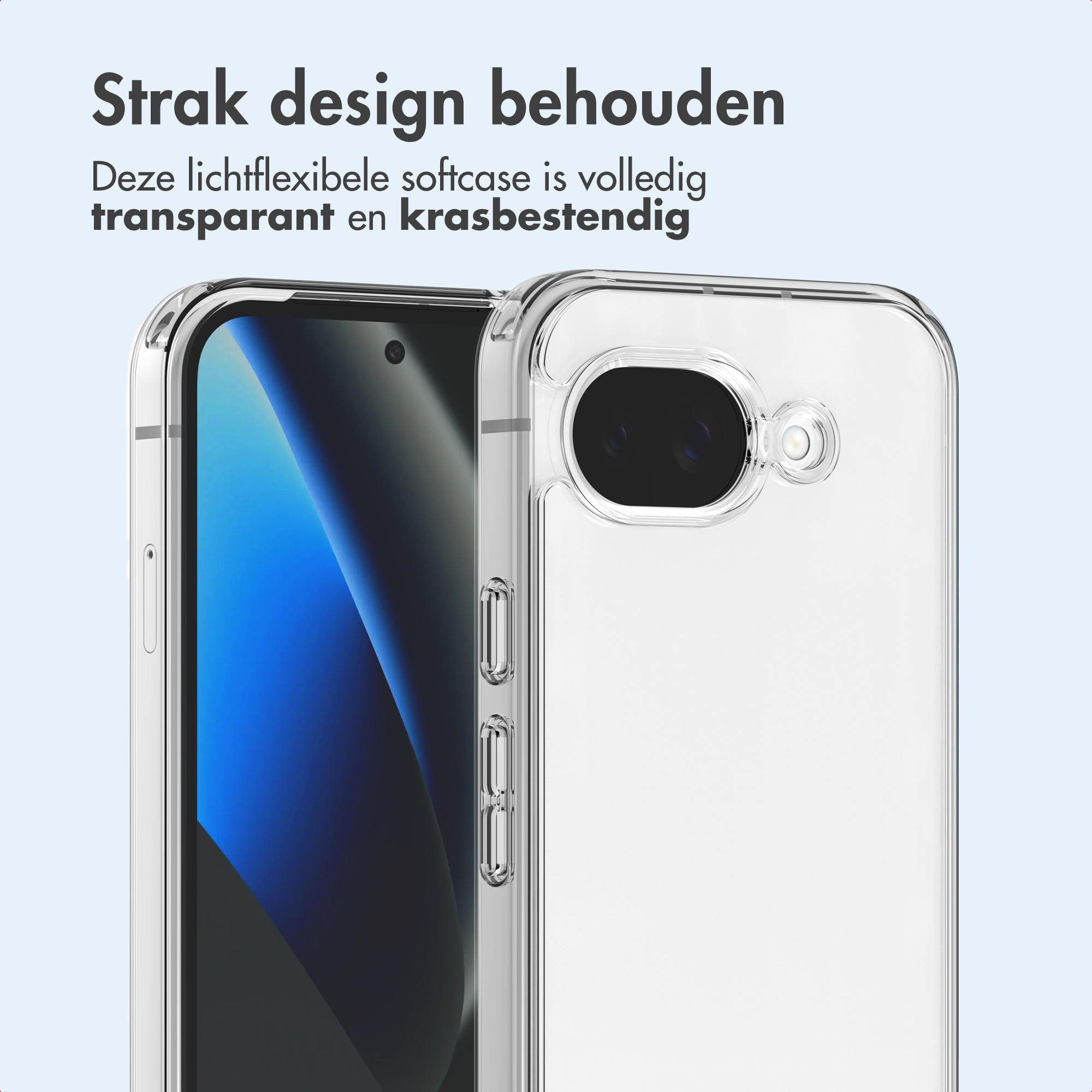 Una custodia trasparente protegge uno smartphone con schermo blu. La custodia è trasparente.