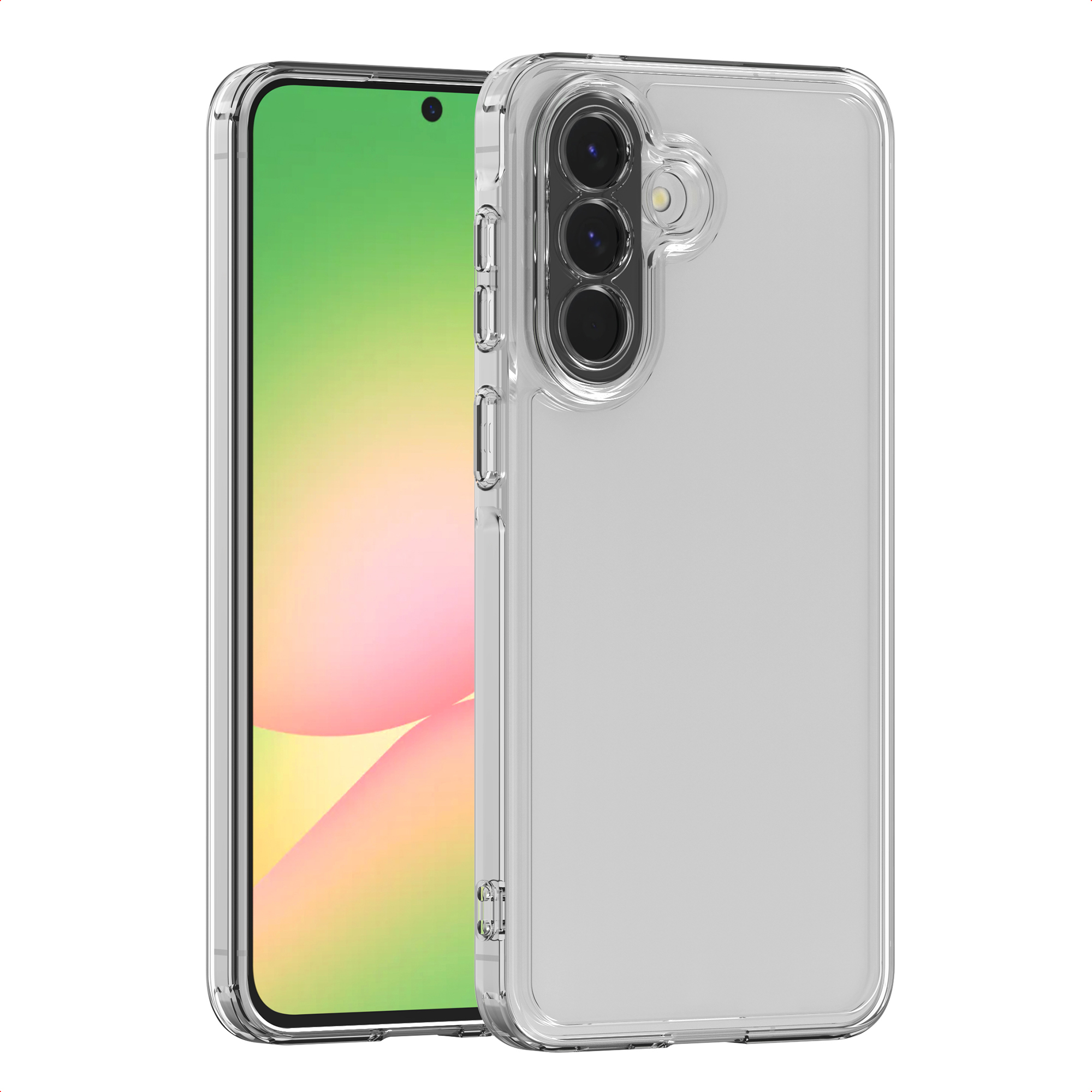 Een doorzichtige telefoonhoes naast een smartphone met een kleurrijk scherm. De hoes heeft uitsparingen voor de camera.