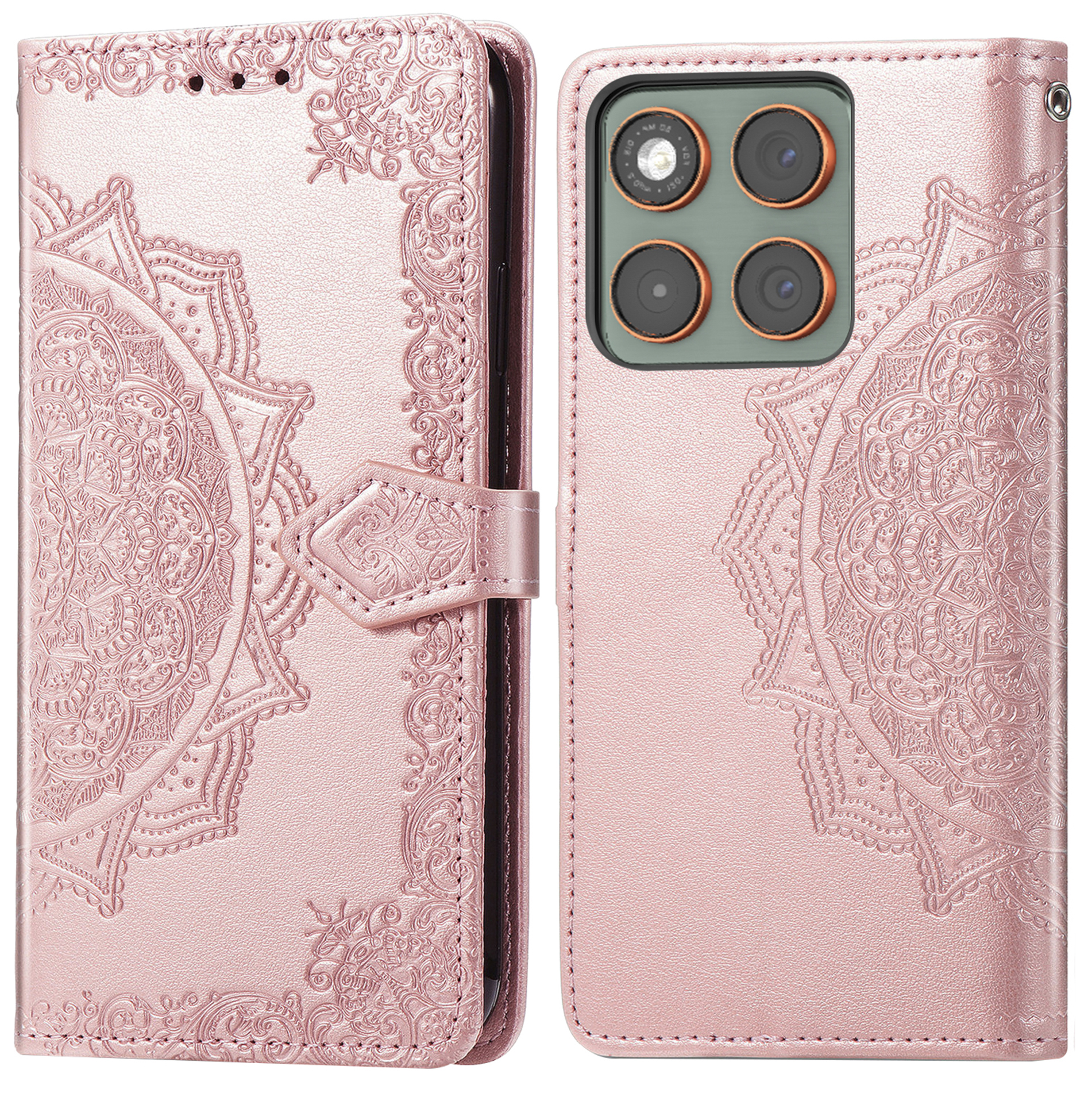 Roze telefoonhoesje met reliëf mandala-ontwerp. De hoes is open en toont de cameralenzen van de telefoon. Het heeft een magnetische sluiting.