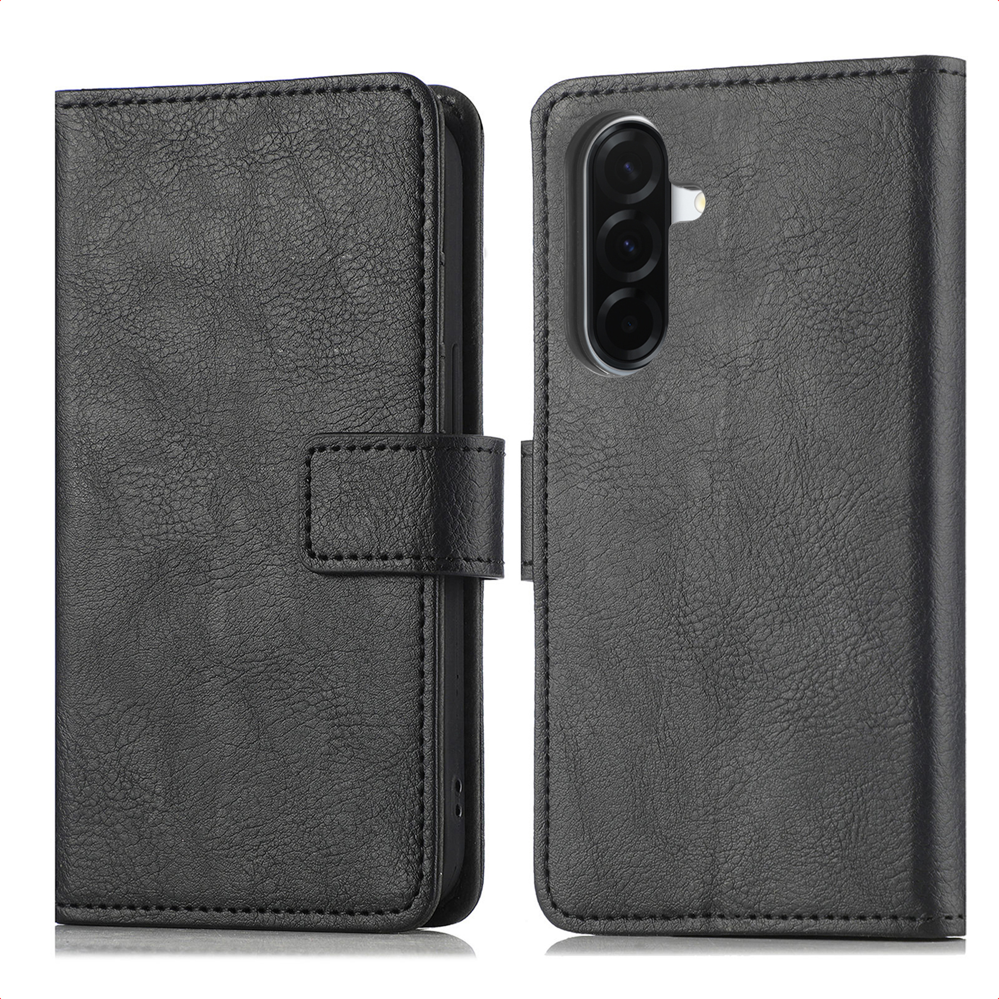Étui de téléphone en cuir noir, ouvert. Le côté gauche a un fermoir. Le côté droit montre les caméras du téléphone.