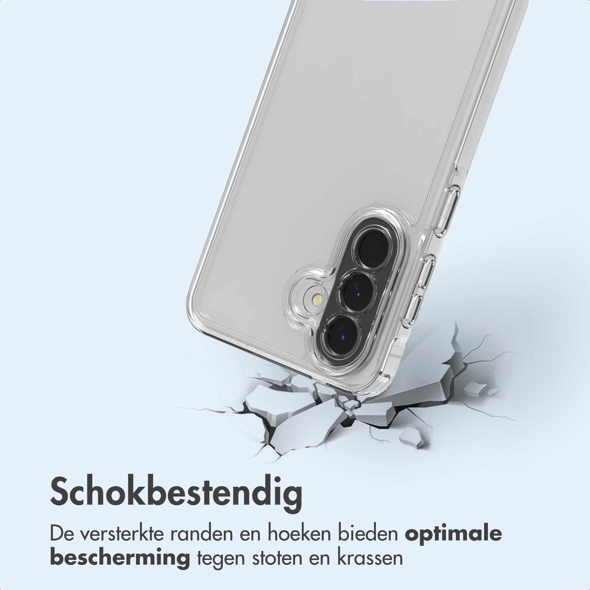 Een transparante telefoonhoes wordt getoond, schuin met de hoes gebarsten, wat schokbestendigheid suggereert. Tekst: 'Schokbestendig'.