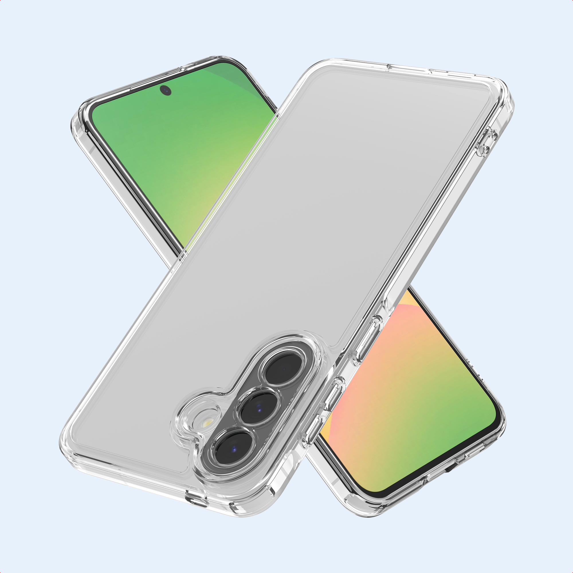 Transparante telefoonhoes over twee telefoons met kleurrijke schermen, op lichtblauwe achtergrond.