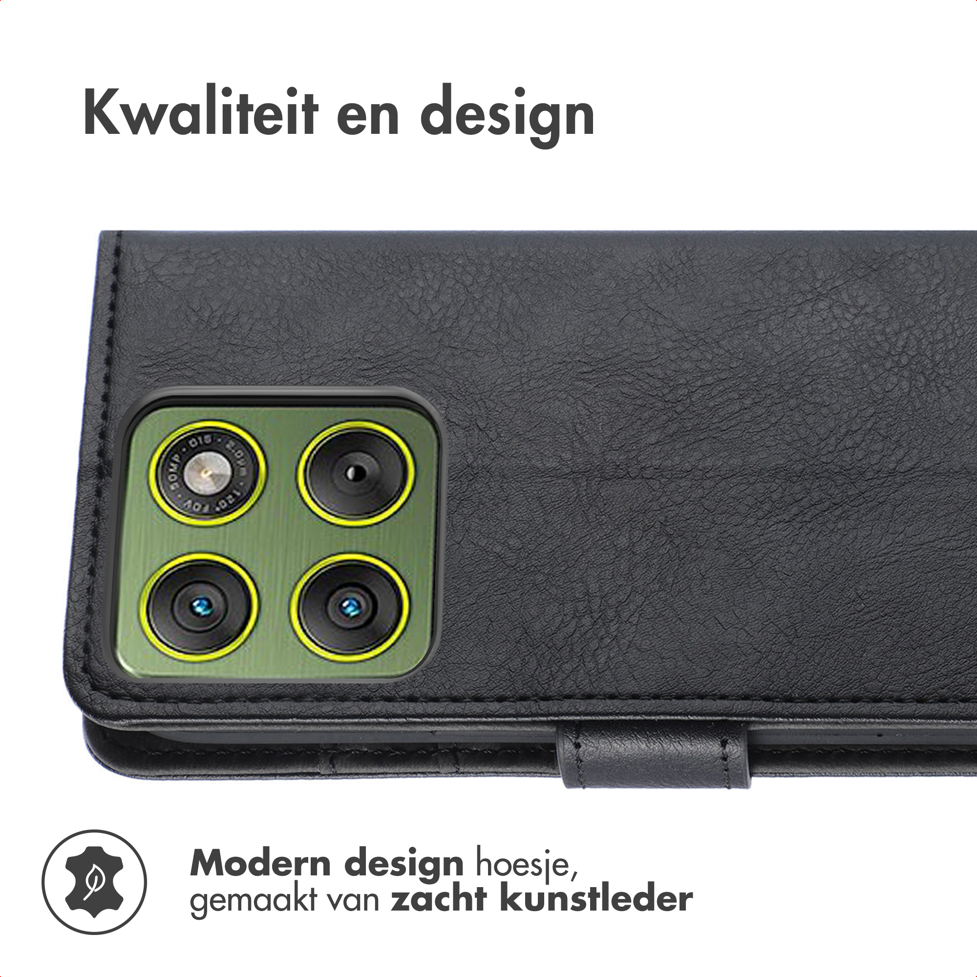 Zwarte telefoonhoes met cameradetail. De hoes is van zacht leer. Tekst bovenaan zegt 'Kwaliteit en design'.