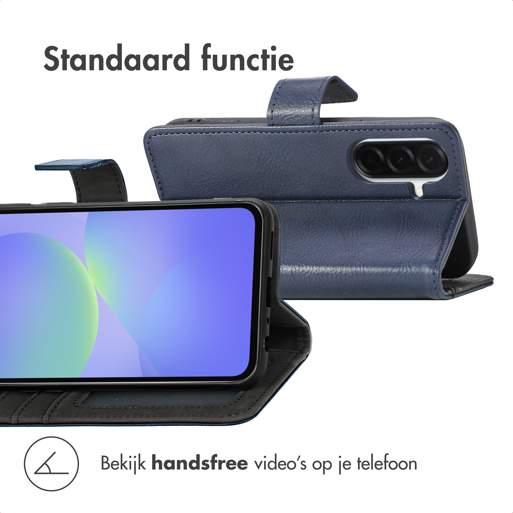 Een blauwe telefoonhoes met een telefoon erin. De hoes is open, en toont het scherm. Tekst: 'Standaard functie'.