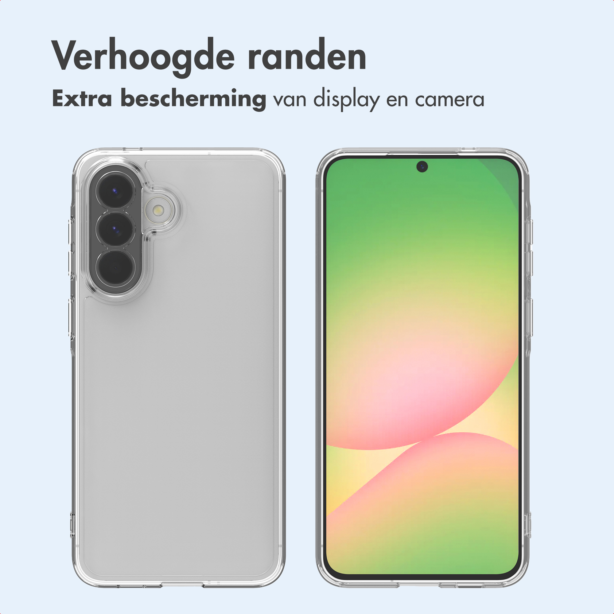 Twee telefoons in beschermhoezen. Eén toont de camera en de andere het scherm met een kleurrijke achtergrond.