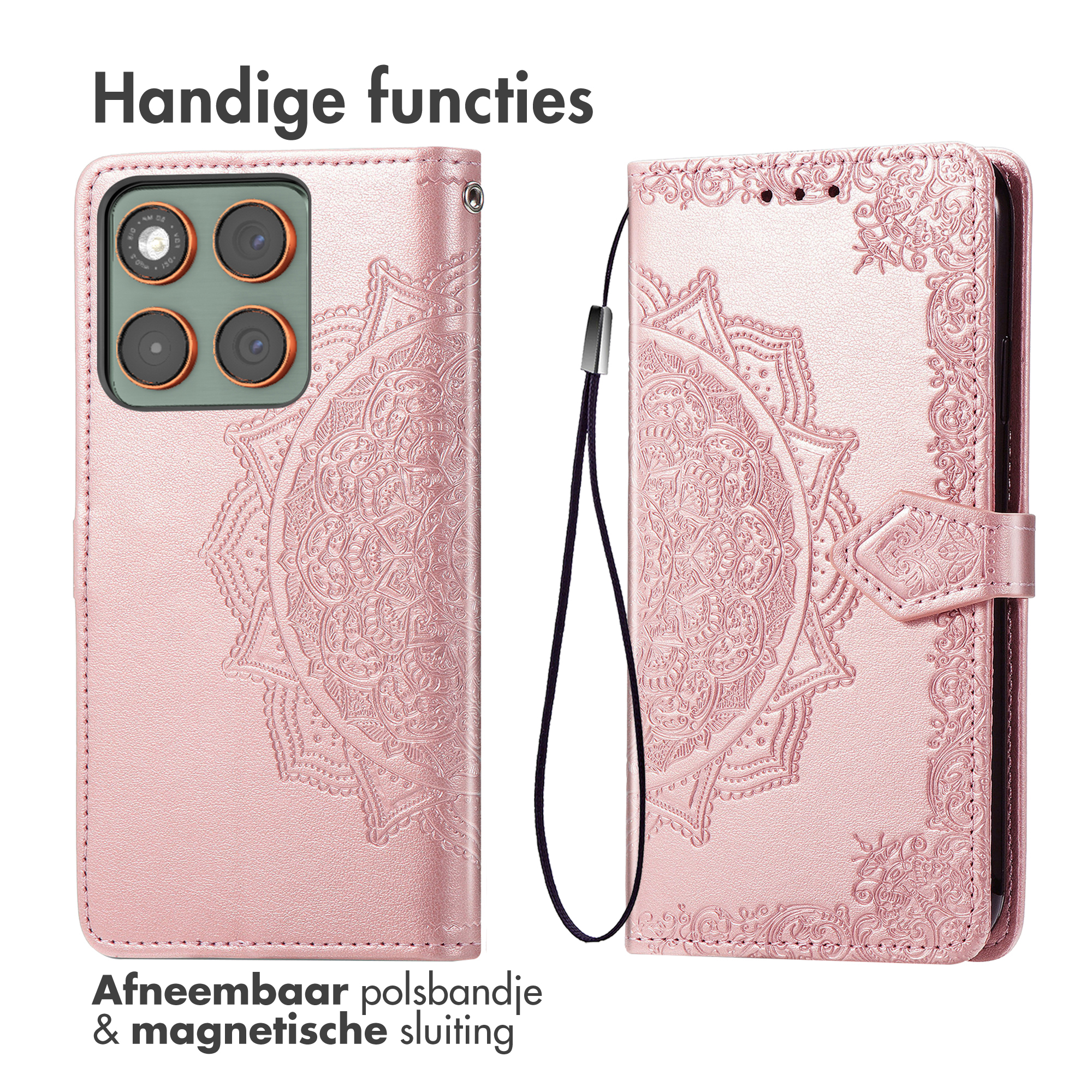 Roze telefoonhoesje met mandala-ontwerp. Met magnetische sluiting en polsbandje. Telefoon met 4 lenzen zichtbaar.