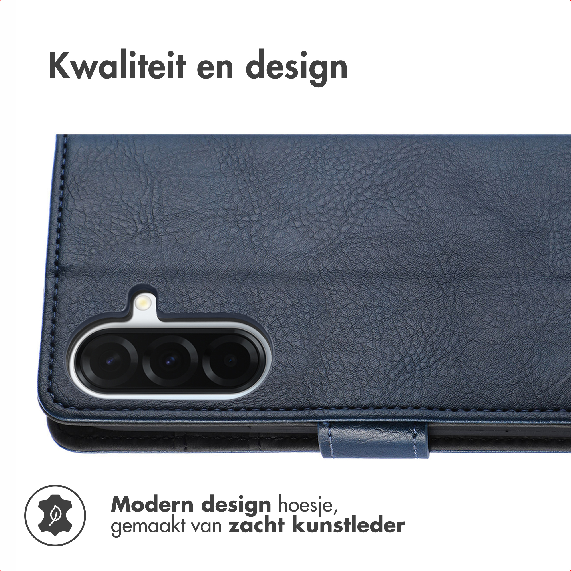 Blauwe leren telefoonhoes met cameradetail. Nederlandse tekst: modern design, gemaakt van zacht kunstleer.