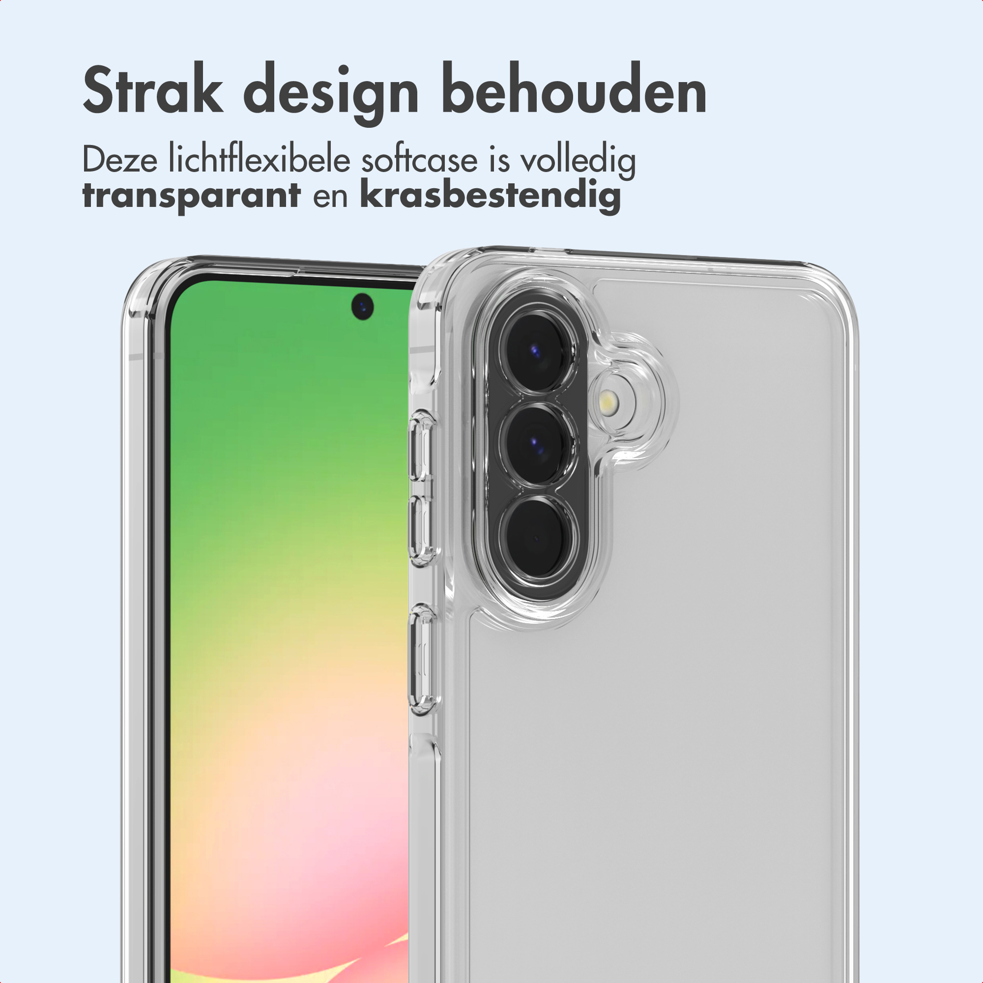 Een doorzichtige telefoonhoes zit op een telefoon met een groen scherm. De hoes is transparant en bedekt de telefoon.