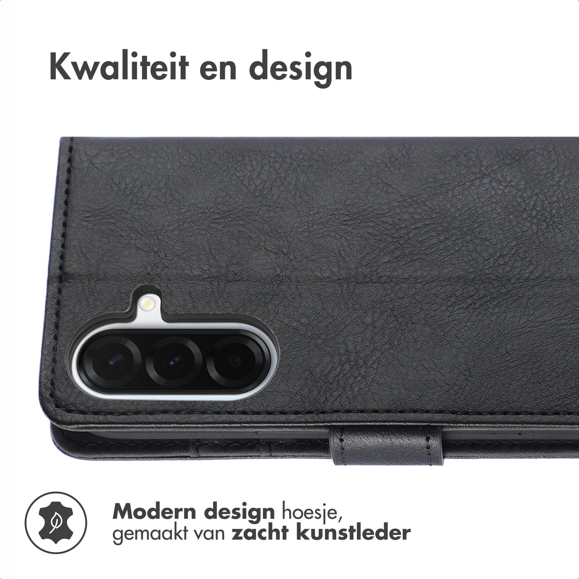 Étui de téléphone en cuir noir avec détail de caméra. Le texte 'Kwaliteit en design' est en haut. 'Modern design hoesje' en bas.