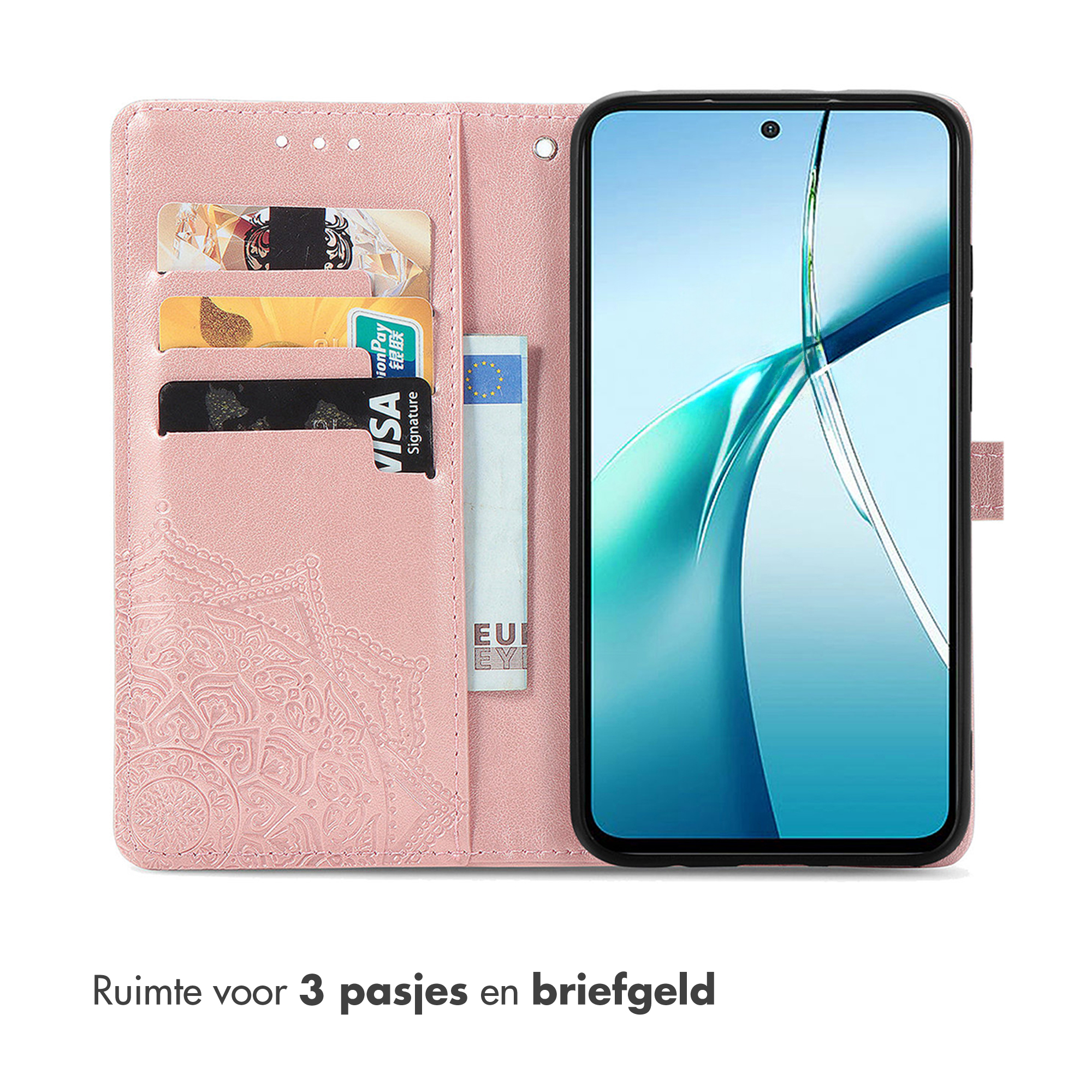 Roze telefoonhoesje, met smartphone, kaarten en geld. De hoes heeft een decoratief patroon en ruimte voor 3 kaarten.