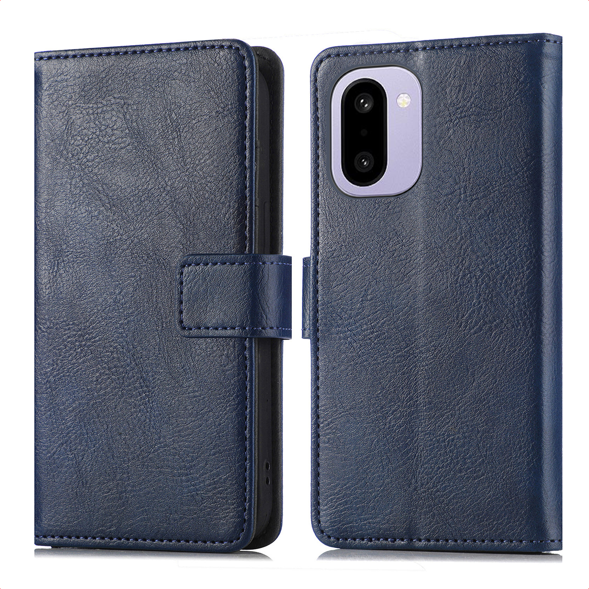 Blauwe leren telefoonhoes, open. De hoes heeft een magnetische sluiting en de ruimte voor de telefooncamera is zichtbaar.