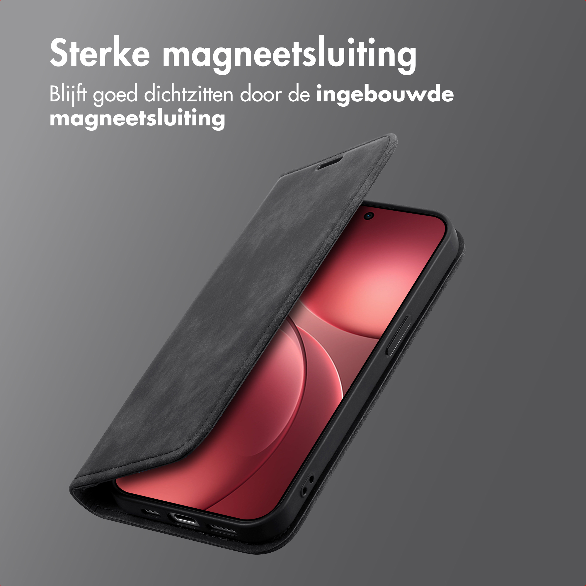 Un telefono in una custodia nera con il coperchio aperto. Lo schermo è rosso.