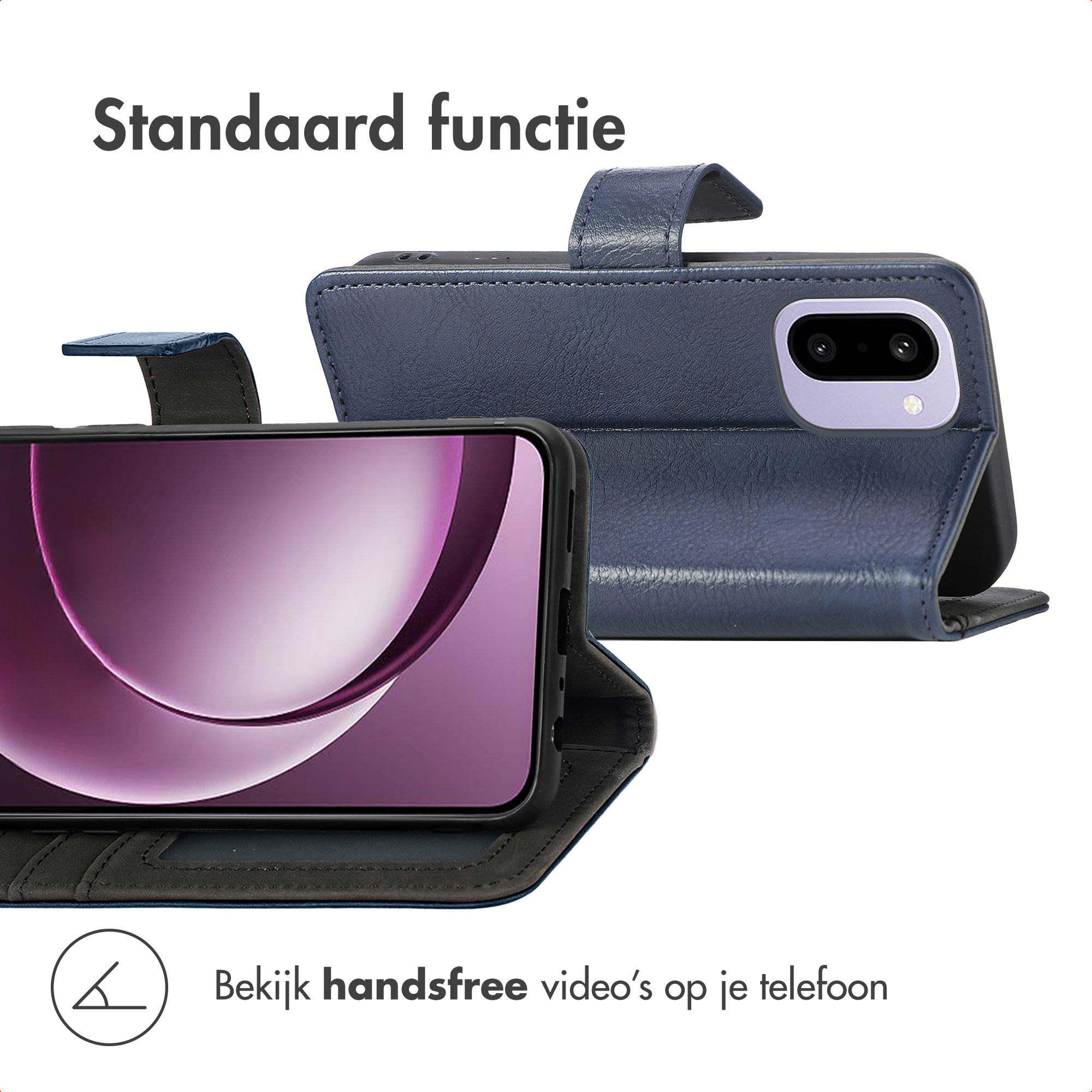Een telefoon in een blauwe hoes is open. Het scherm toont een paars ontwerp. De tekst luidt: 'Bekijk handsfree video's op je telefoon'.