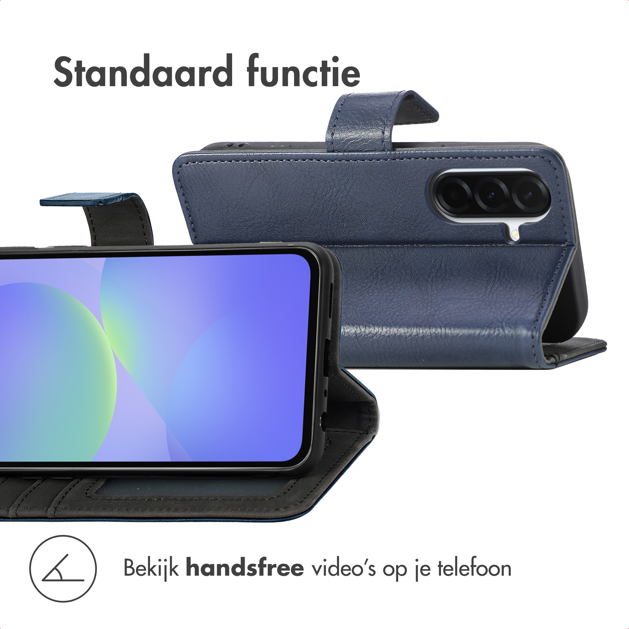 Un téléphone dans un étui bleu est affiché. L'écran montre une image colorée. Texte: 'Standaard functie' et 'Bekijk handsfree video's op je telefoon'.