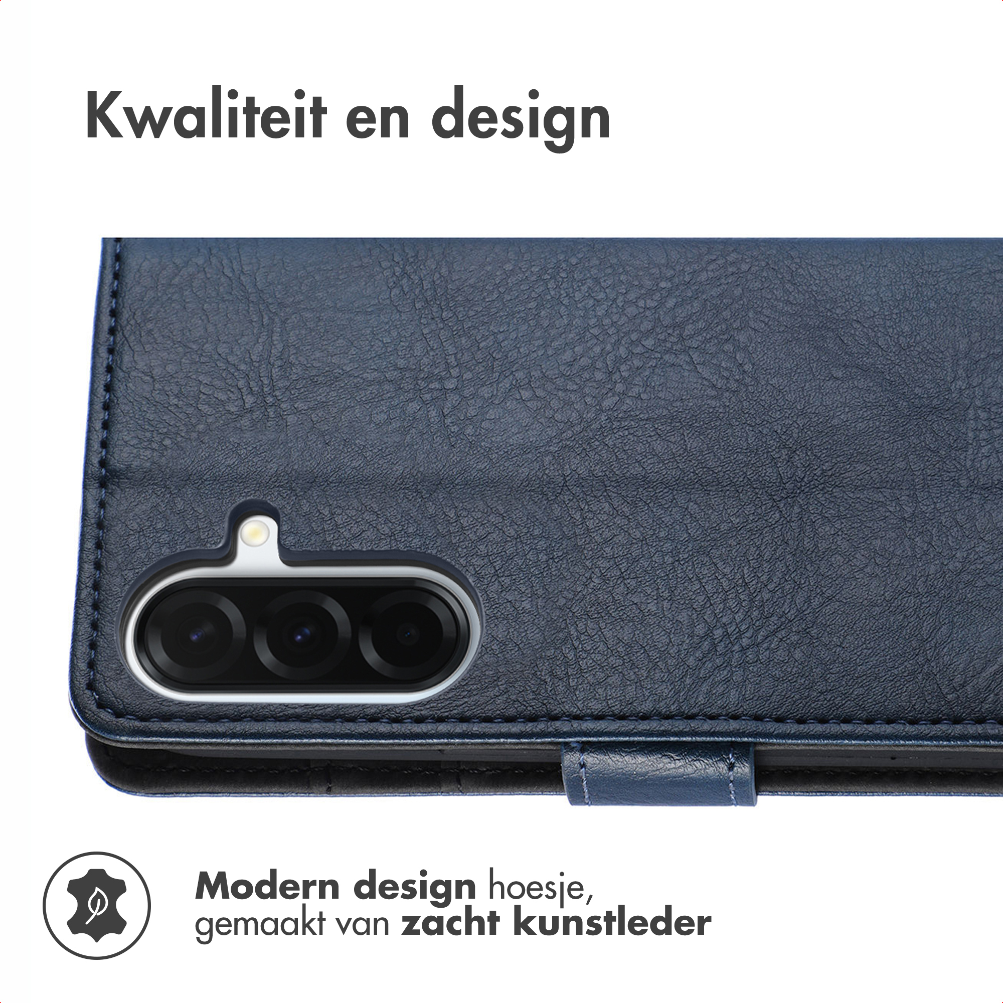 Étui de téléphone bleu avec découpe caméra. En cuir synthétique doux. Texte: 'Design moderne'.