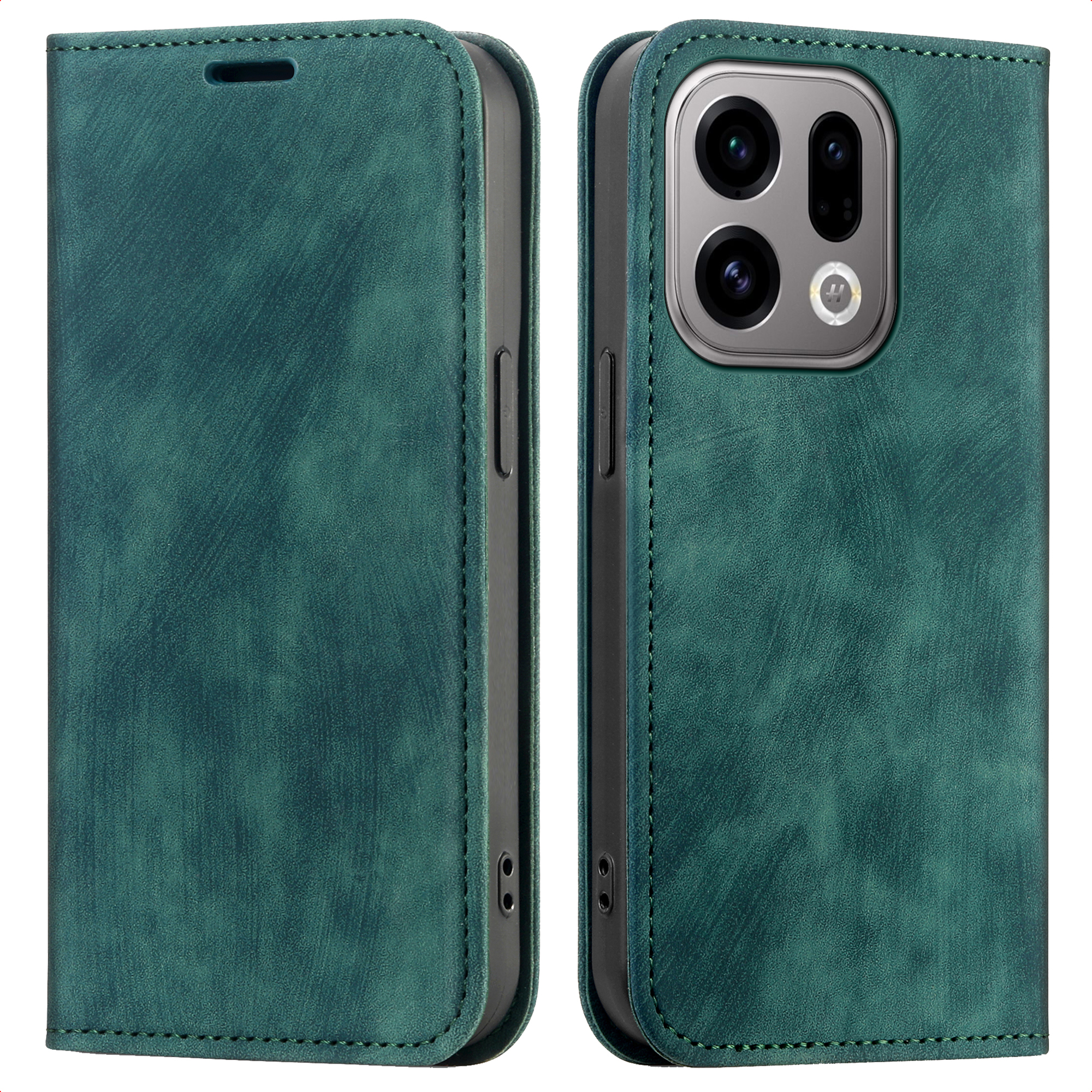 Una custodia per telefono verde acqua, aperta per rivelare un telefono con obiettivi della fotocamera. La custodia ha una finitura strutturata.