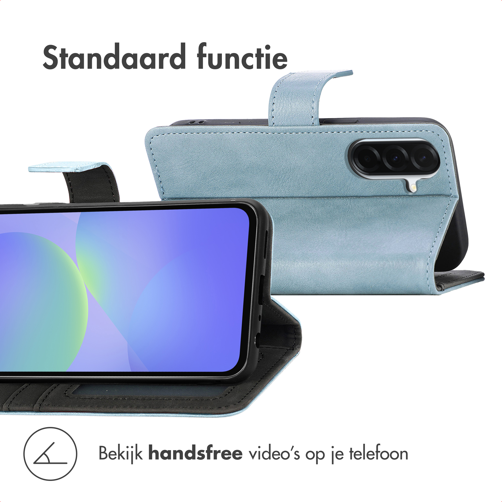 Een lichtblauwe telefoonhoes met een telefoon erin. De telefoon toont een kleurrijk scherm. Tekst zegt 'Standaard functie'.