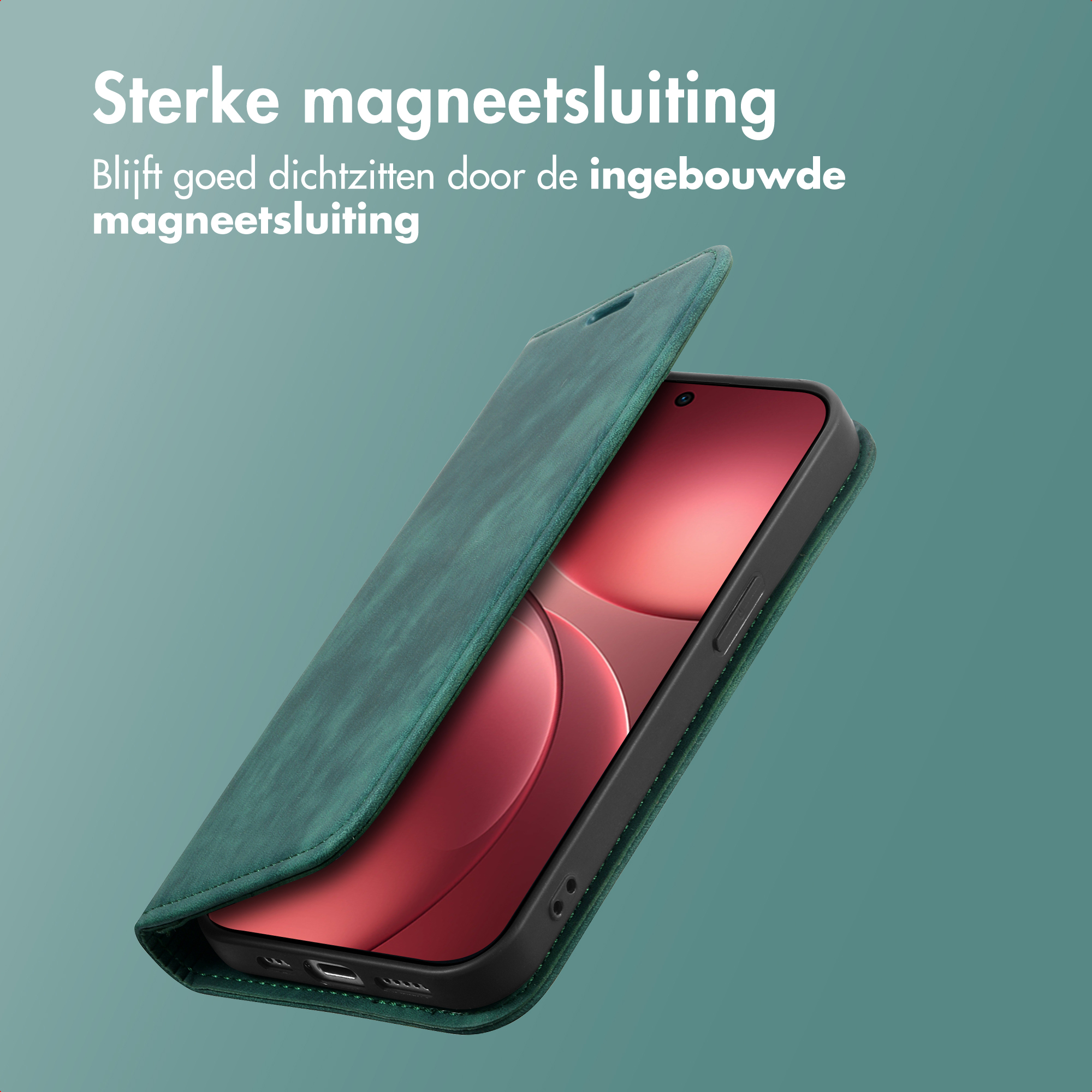 Custodia verde con telefono, sfondo teal. Testo: 'Forte chiusura magnetica'.