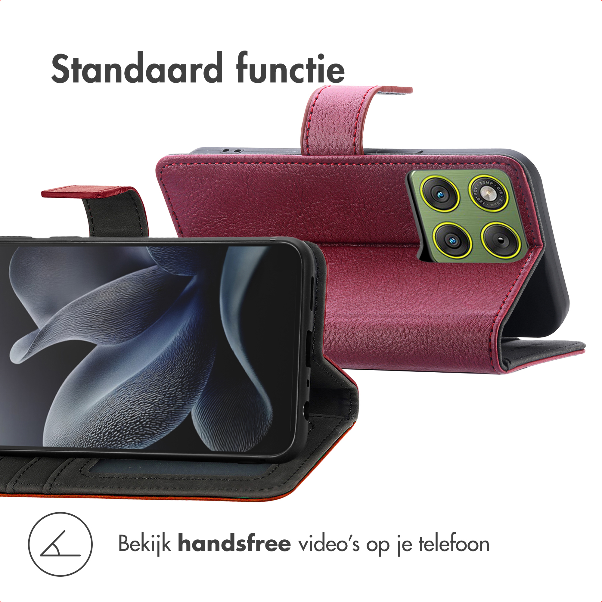 Un téléphone dans un étui rouge est ouvert. L'écran affiche une image abstraite sombre. Le texte dit 'Bekijk handsfree video's op je telefoon'.