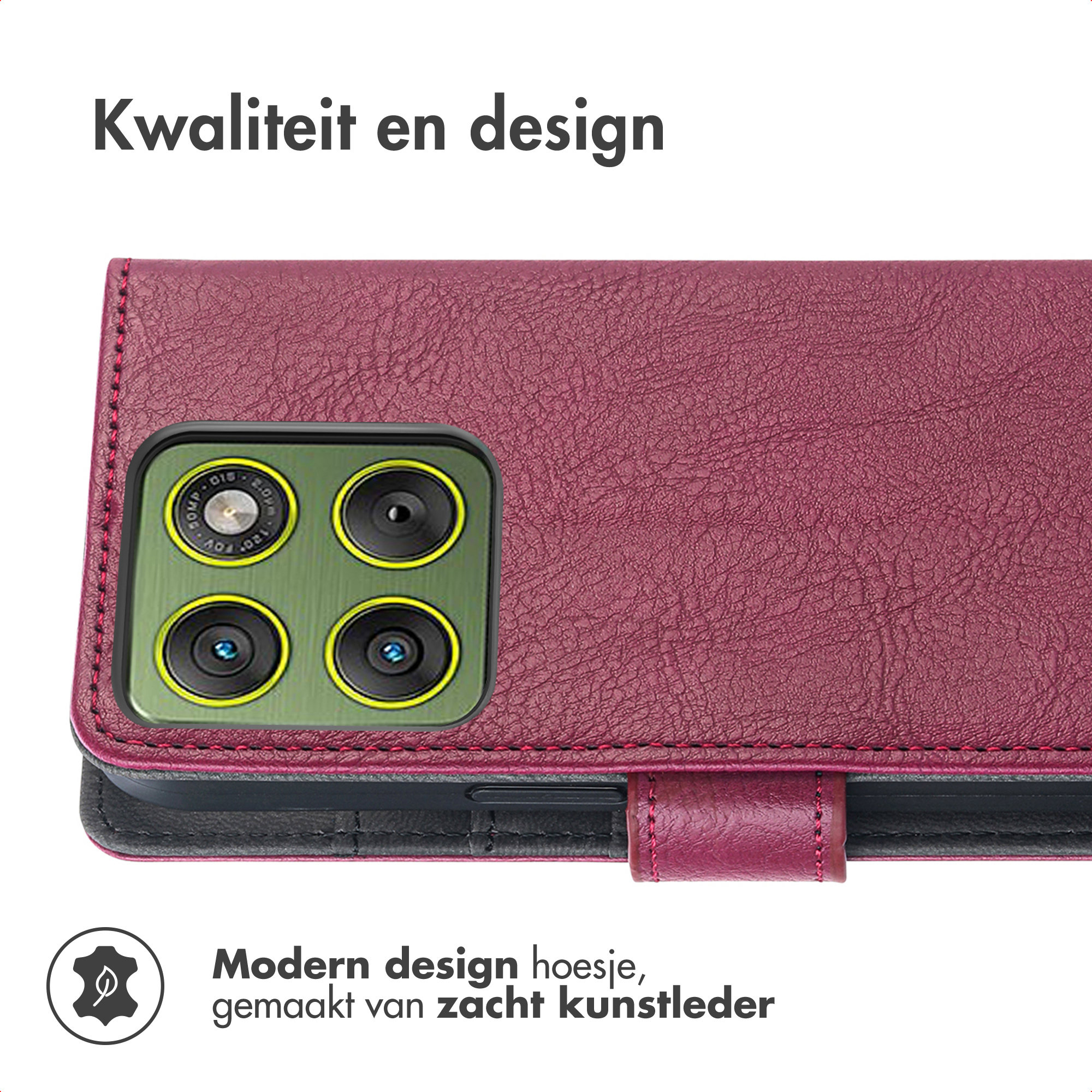 Gros plan sur un étui de téléphone bordeaux avec une découpe pour l'appareil photo. L'étui est en matière texturée.