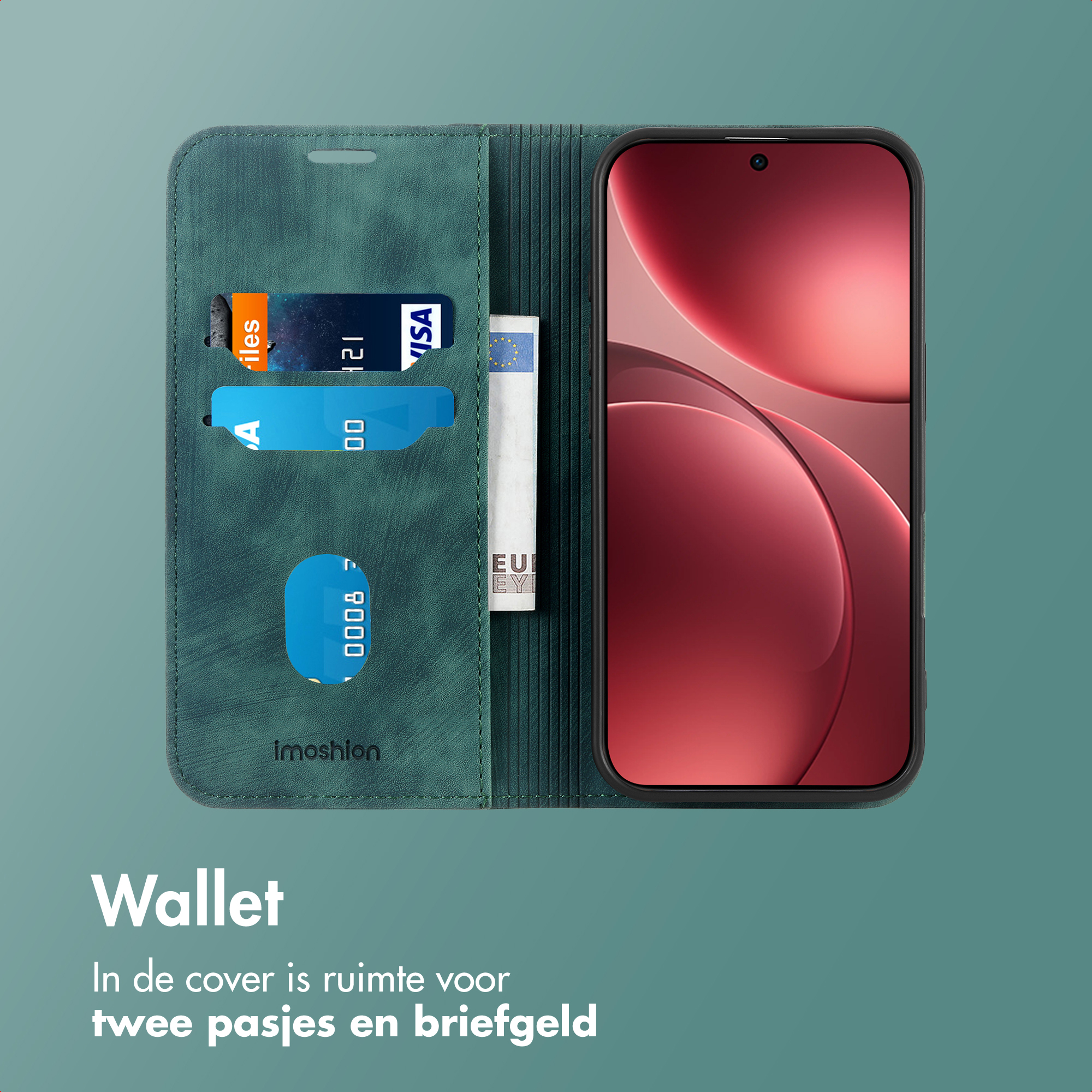 Un telefono in una custodia a portafoglio verde con carte e denaro visibili. Lo schermo ha un gradiente rosso.