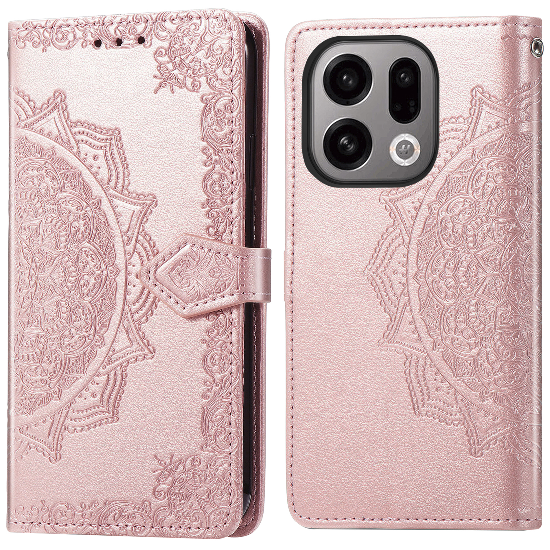 Étui de téléphone rose avec un motif floral et une fermeture magnétique. La caméra du téléphone est visible à droite.