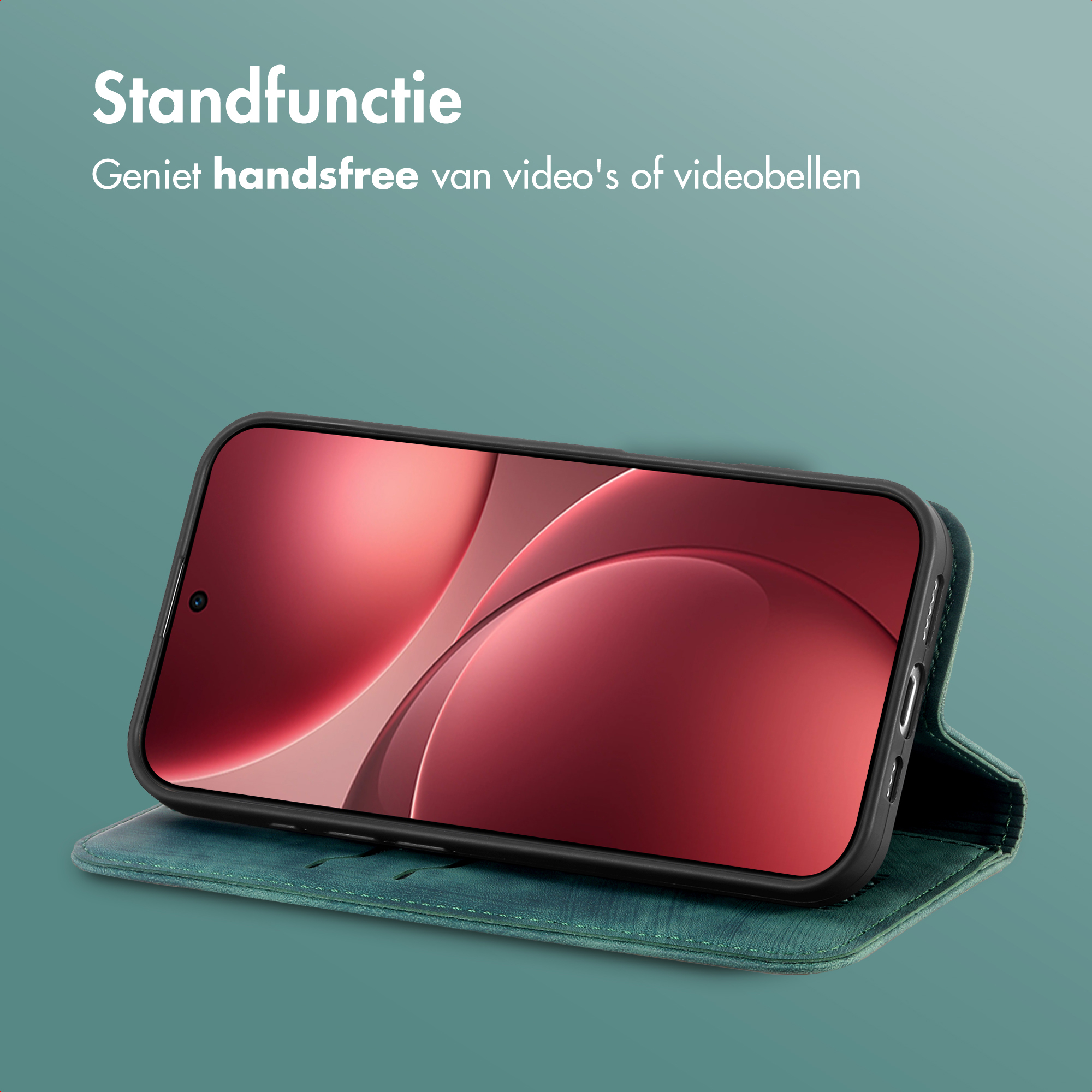 Un telefono in una custodia verde è mostrato aperto. Lo schermo mostra una sfumatura rossa. Il testo in bianco in alto dice 'Standfunctie'.