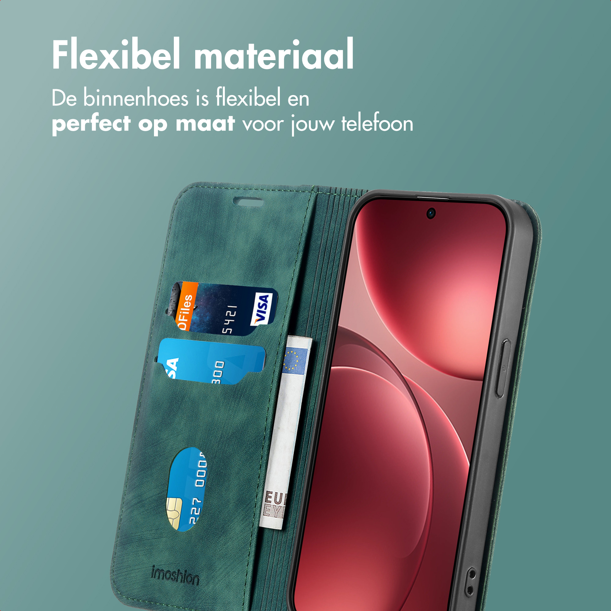 Custodia verde con telefono. Carte di credito e denaro nella custodia. Testo: 'Flexibel materiaal'.