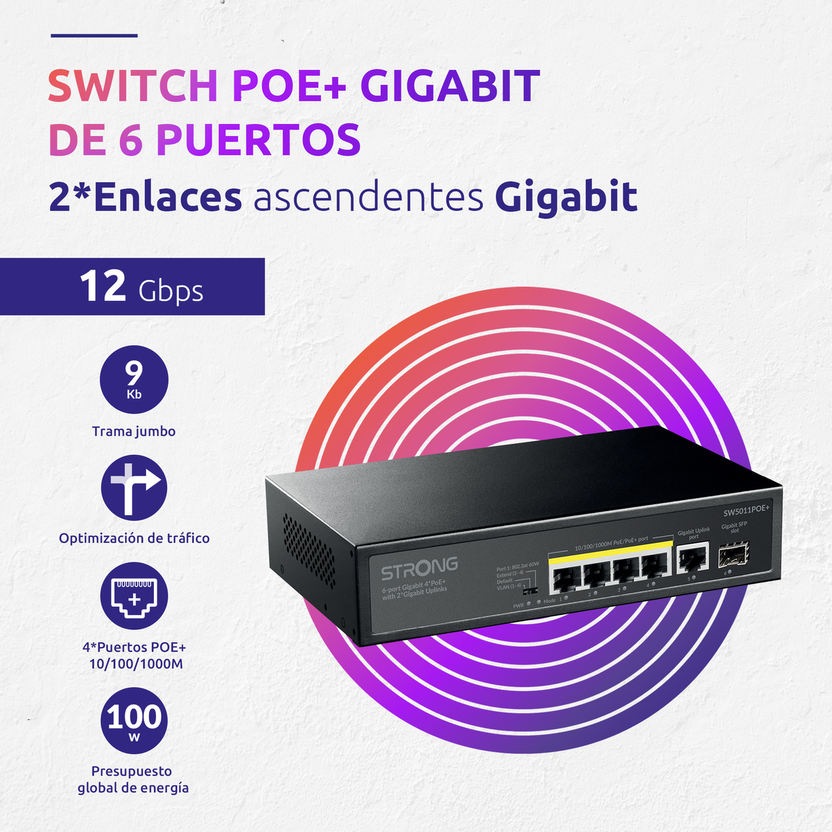 Ein schwarzer Netzwerkswitch mit Text und Symbolen. Er hat Anschlüsse und ist mit 'STRONG' beschriftet. Der Hintergrund hat rote und lila Kreise.