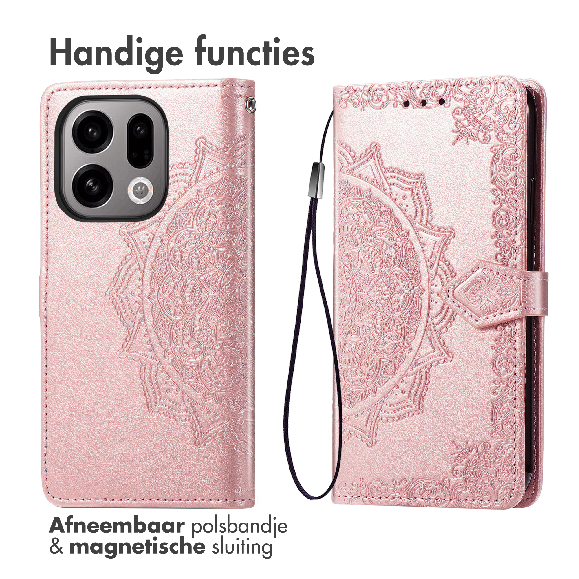 Étui de téléphone rose avec motif mandala détaillé, lanière noire et fermeture magnétique. En haut : Fonctions pratiques. En bas : Dragonne amovible et fermeture magnétique.