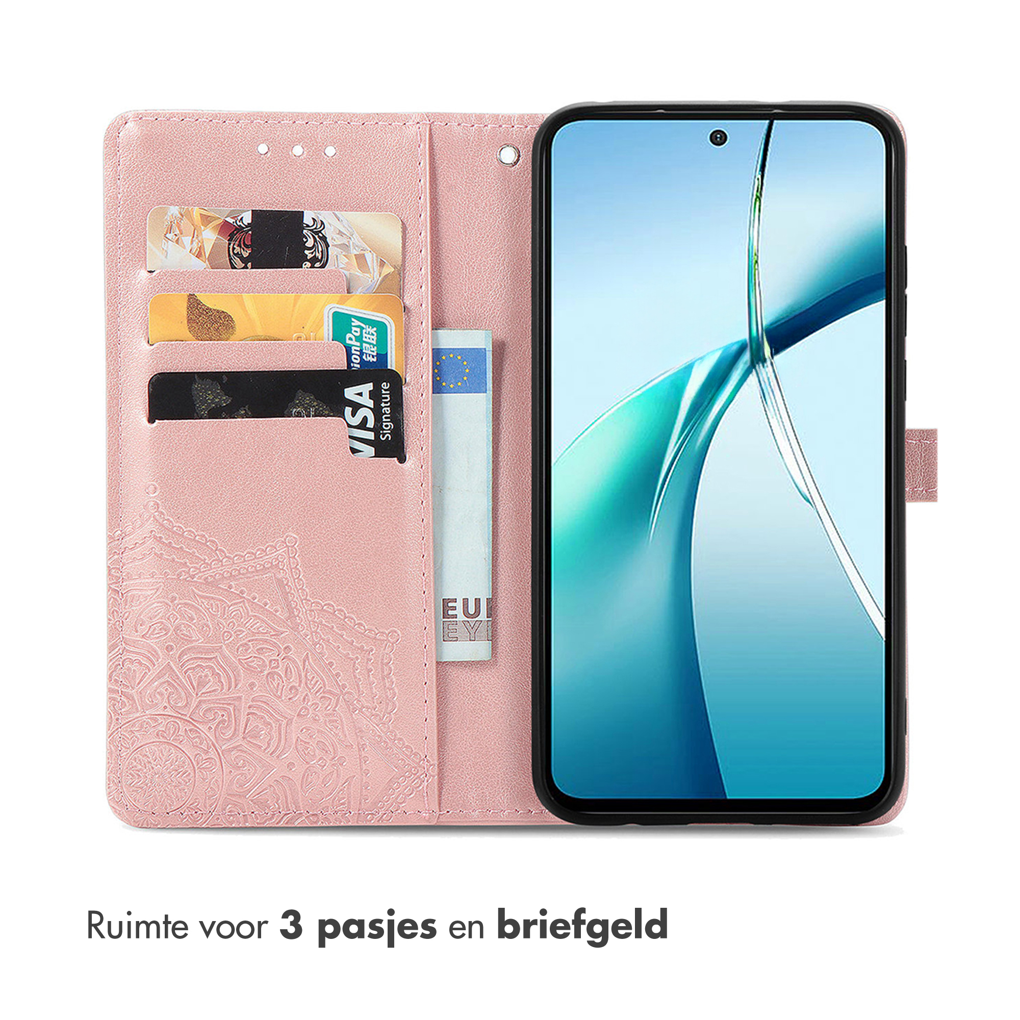 Étui de téléphone rose avec cartes, argent et téléphone. Il y a de la place pour 3 cartes et de l'argent. L'écran est visible.