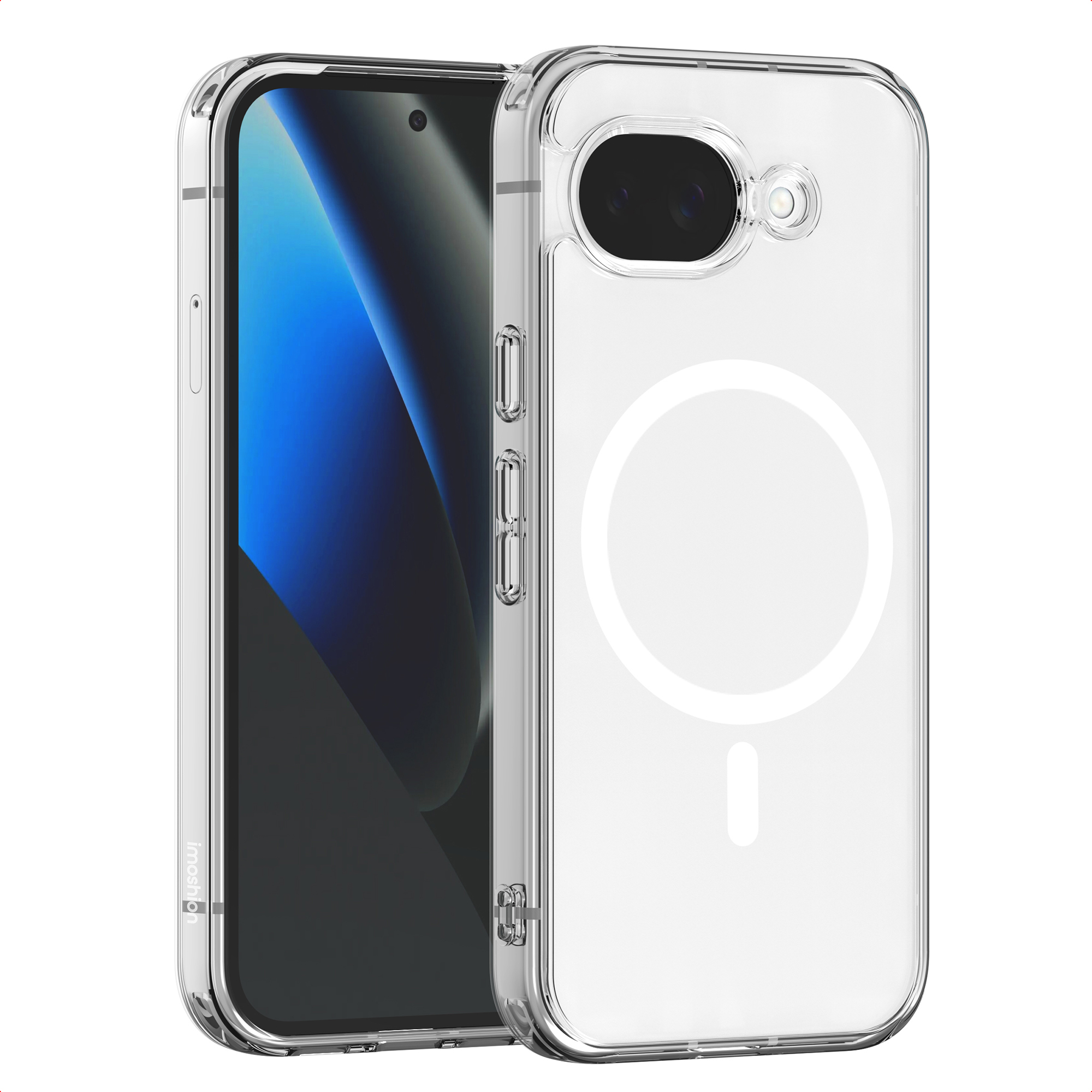 Custodia trasparente con telefono. Il telefono ha schermo blu. La custodia ha ritaglio fotocamera e cerchio bianco.