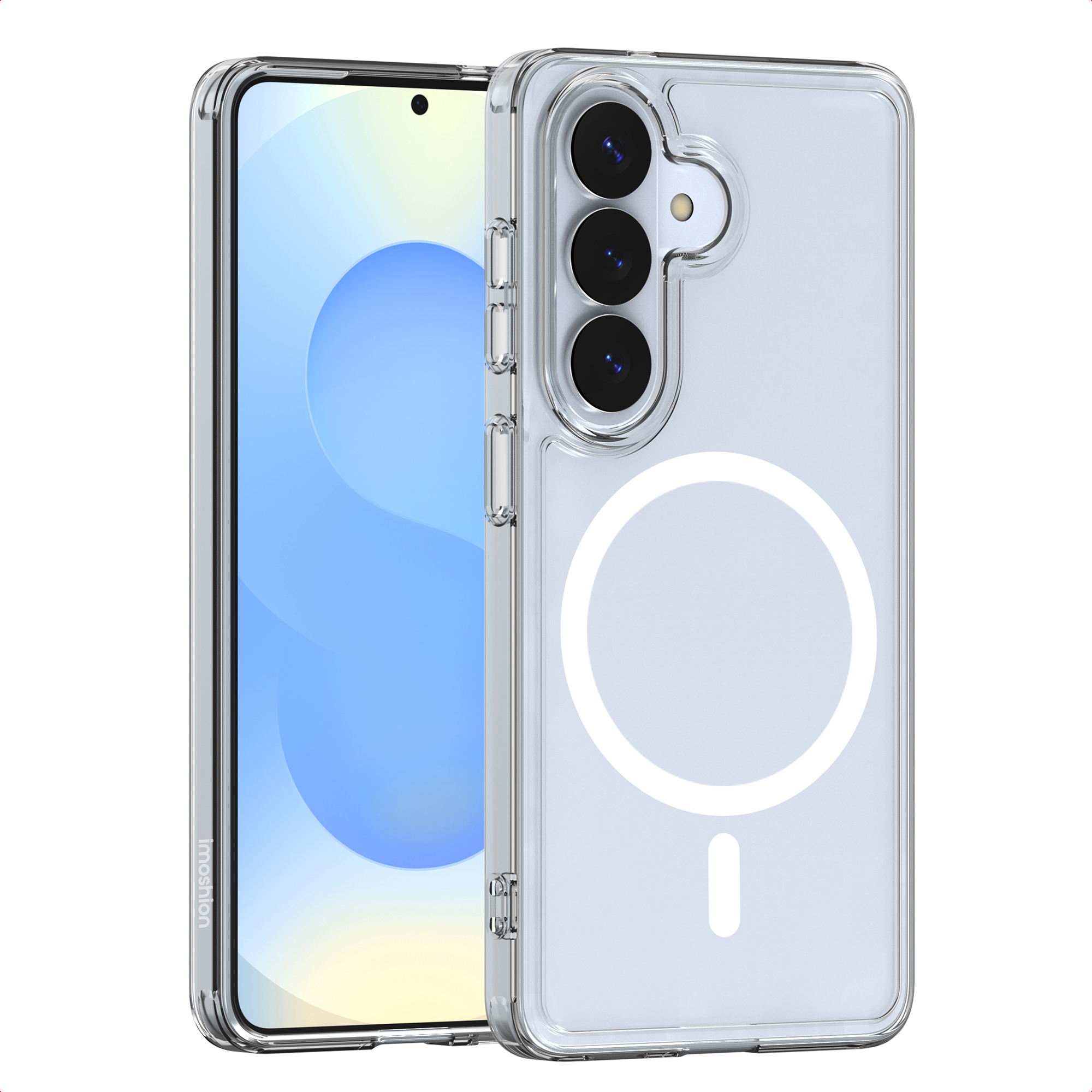 Un téléphone dans un étui transparent. L'étui a un design circulaire. Le téléphone a un écran bleu et blanc.