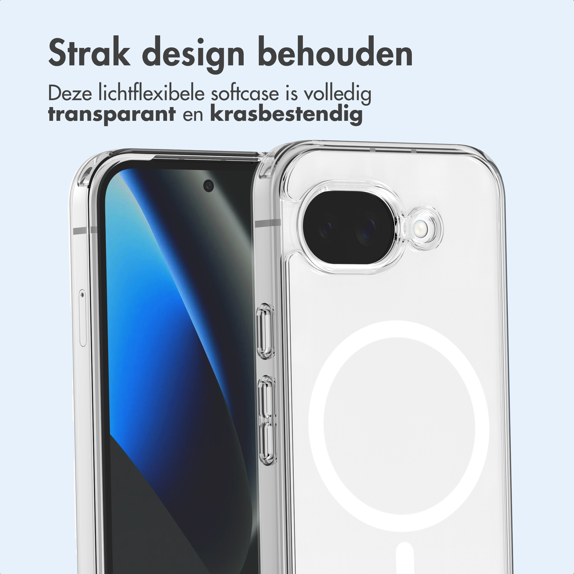 Una custodia trasparente per telefono mostra un telefono con schermo blu. Il testo in alto dice: 'Mantieni il design elegante'.