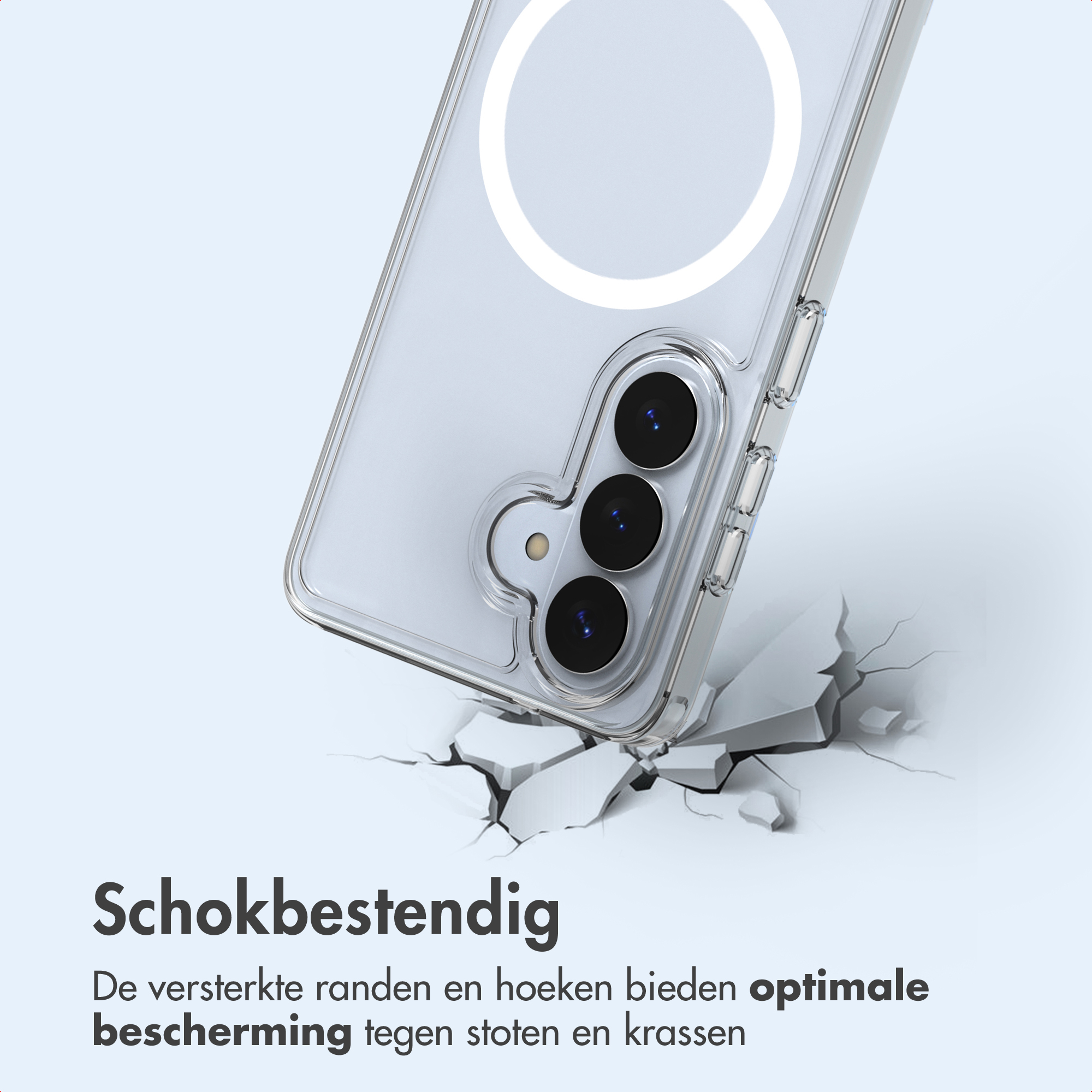 Coque de téléphone transparente tombant sur une surface fissurée. La coque a une découpe pour l'appareil photo et un design de cercle blanc.