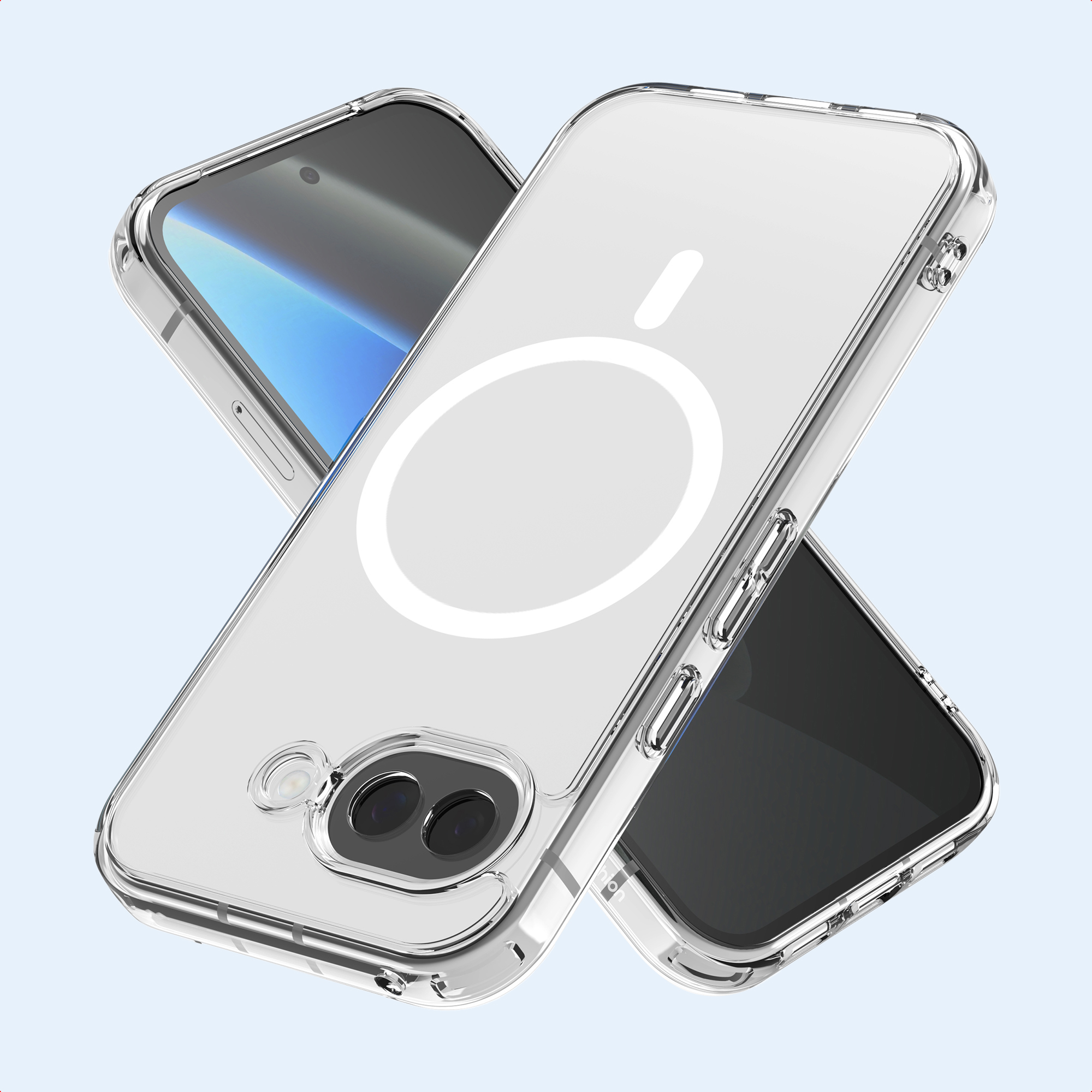 Due custodie trasparenti per telefono, una sull'altra. Una ha un cerchio bianco. Lo sfondo è azzurro.