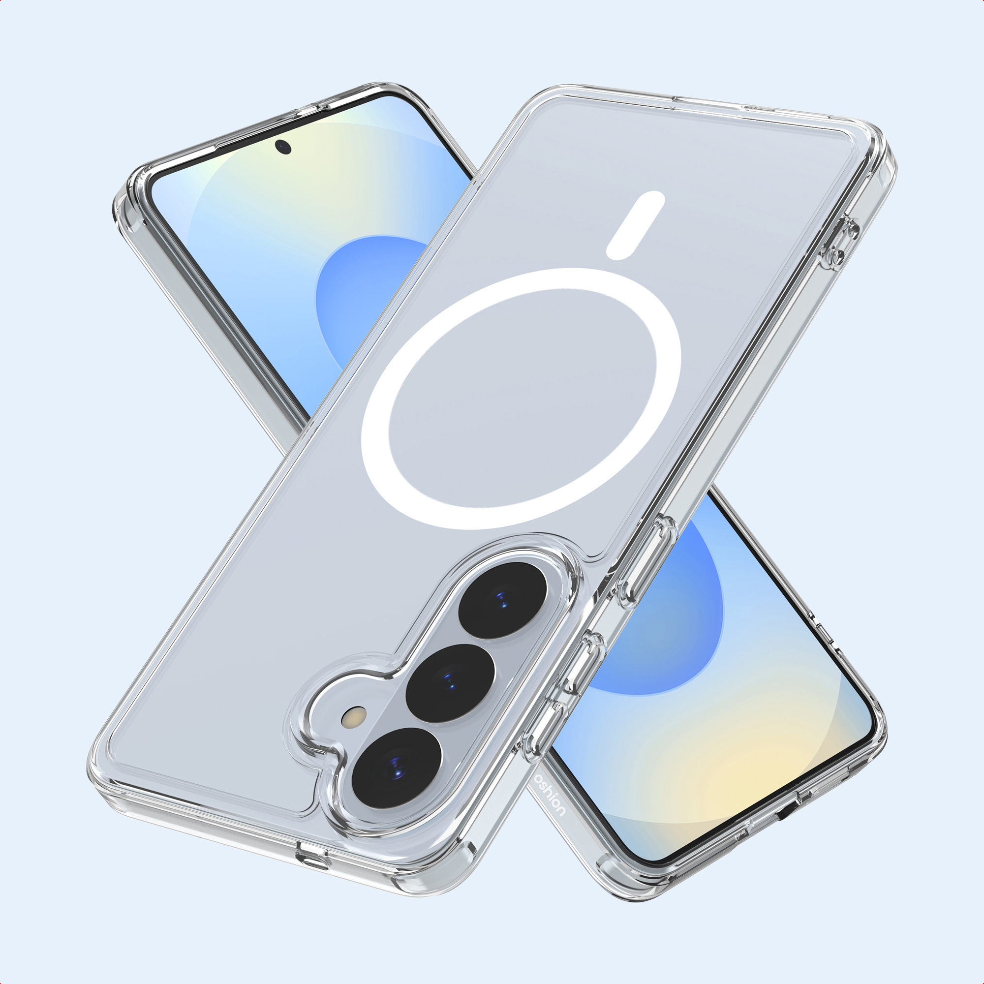 Des coques de téléphone transparentes se chevauchent, affichant les détails du téléphone. Les coques ont des découpes pour la caméra et un design anneau et barre blanc.