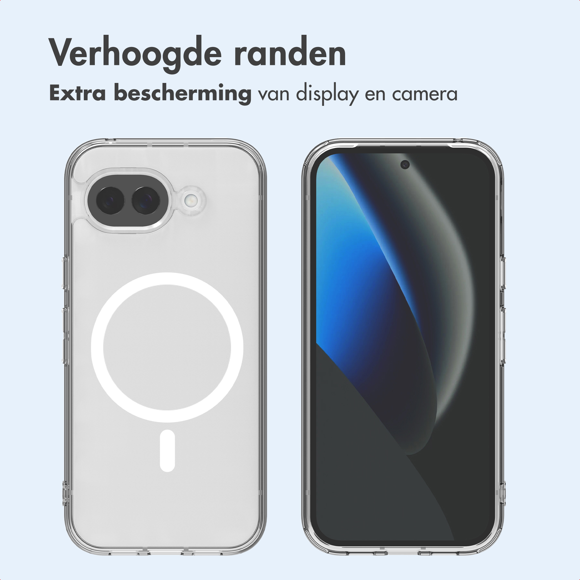 Due custodie trasparenti per telefoni. Una mostra il retro con cerchi, l'altra ha uno schermo blu.