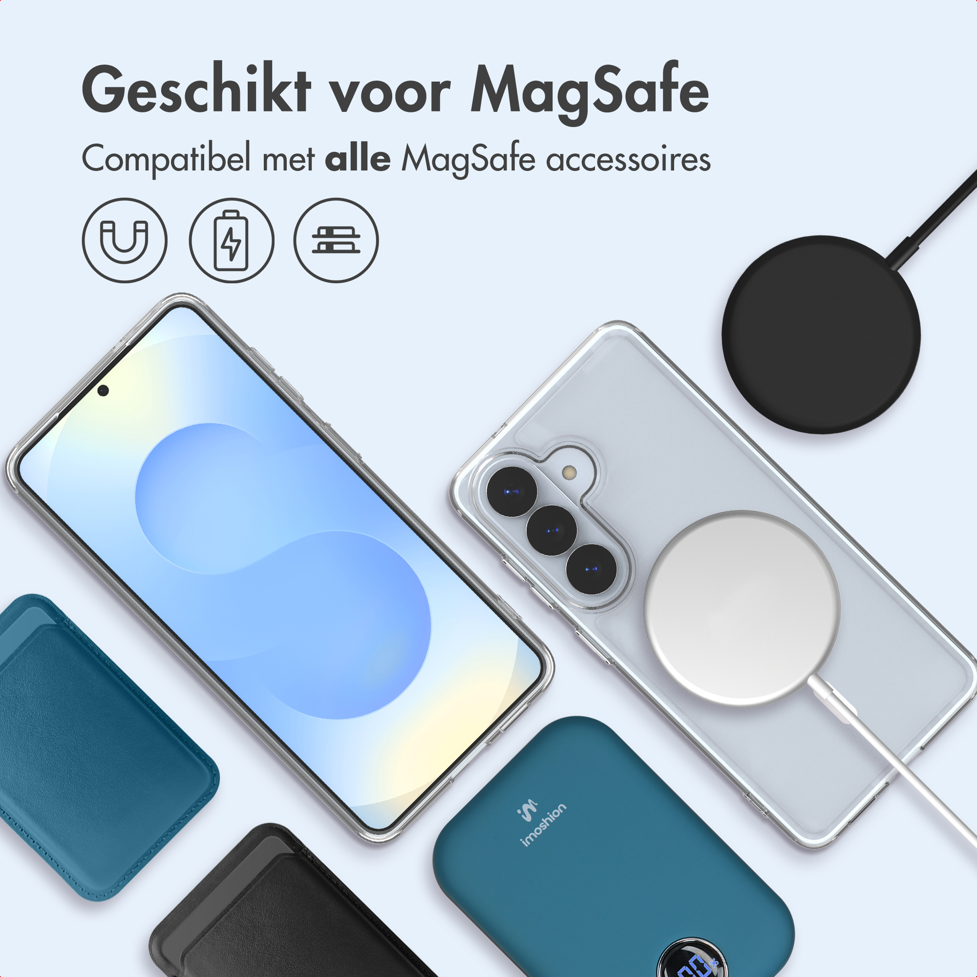 L'image montre des téléphones, des chargeurs et des accessoires, tous compatibles avec MagSafe. Diverses couleurs et designs.