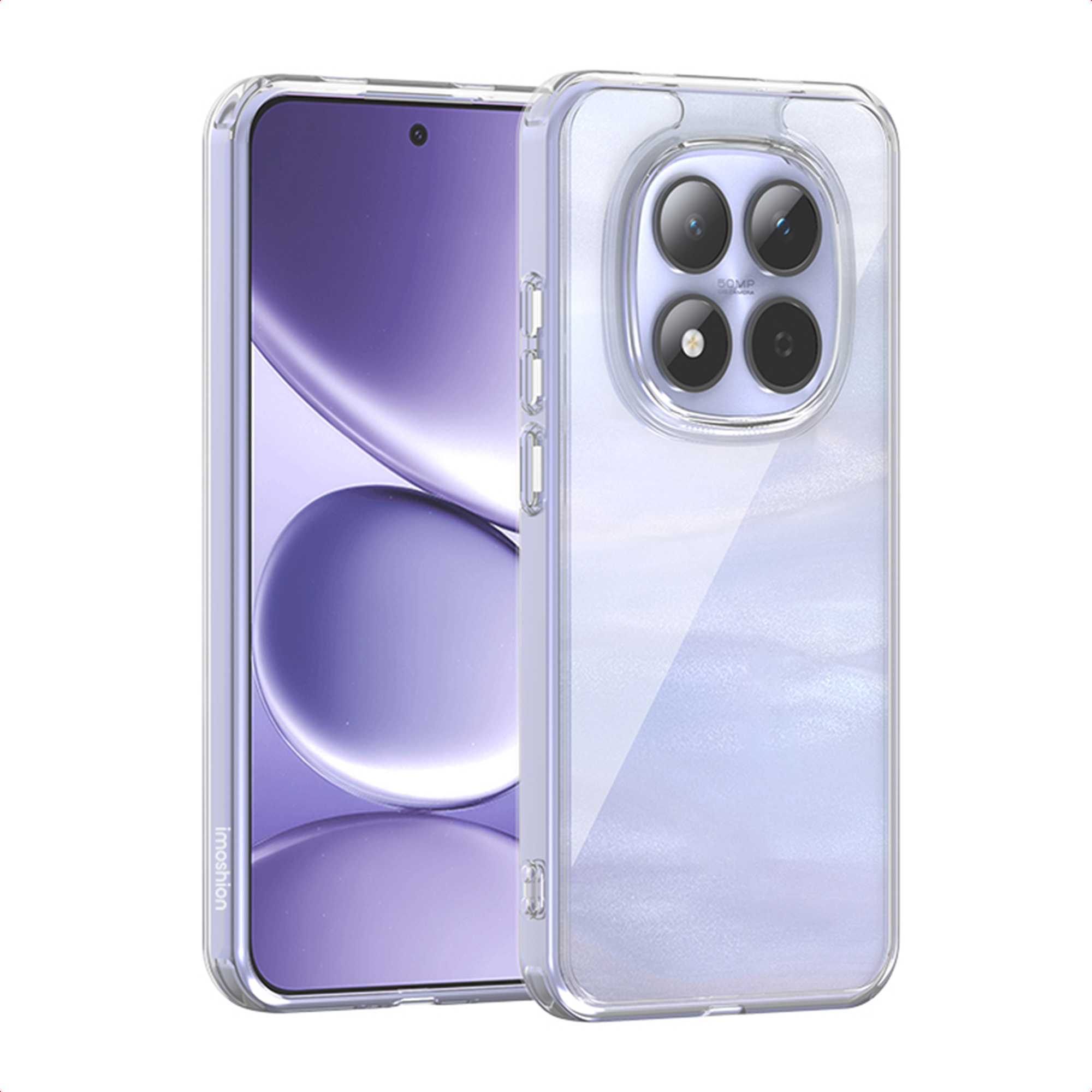 Een doorzichtige telefoonhoes met een telefoon erin. De hoes heeft een uitsparing voor de camera en zijknoppen.